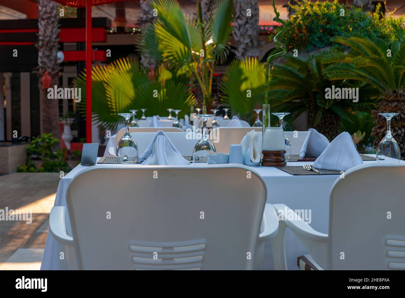Festively Set Tables In A Restaurant, Antalya, Turkey Stock Photo