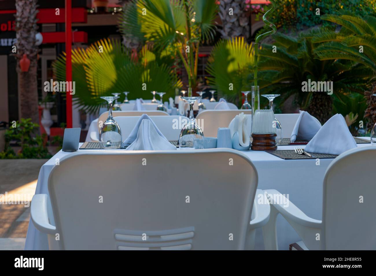 Festive Set Tables In Restaurant, Antalya, Turkey Stock Photo
