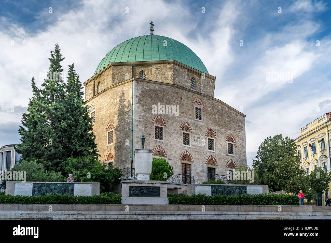 View of the Mosque of Pasha Qasim that now serves as a Catolic church in the trendy university town of Pecs in Southern Hungary Stock Photo