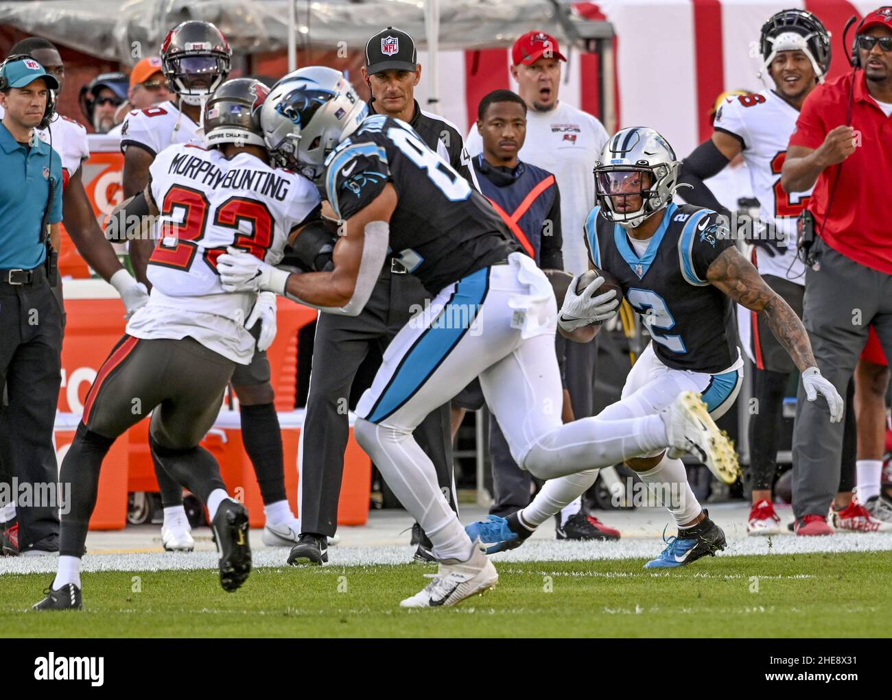 Tampa, United States. 09th Jan, 2022. Carolina Panthers' Robby Anderson  (11) for a touchdown against Tampa Bay Buccaneers' Sean Murphy-Bunting (23)  during the second half at Raymond James Stadium in Tampa, Florida