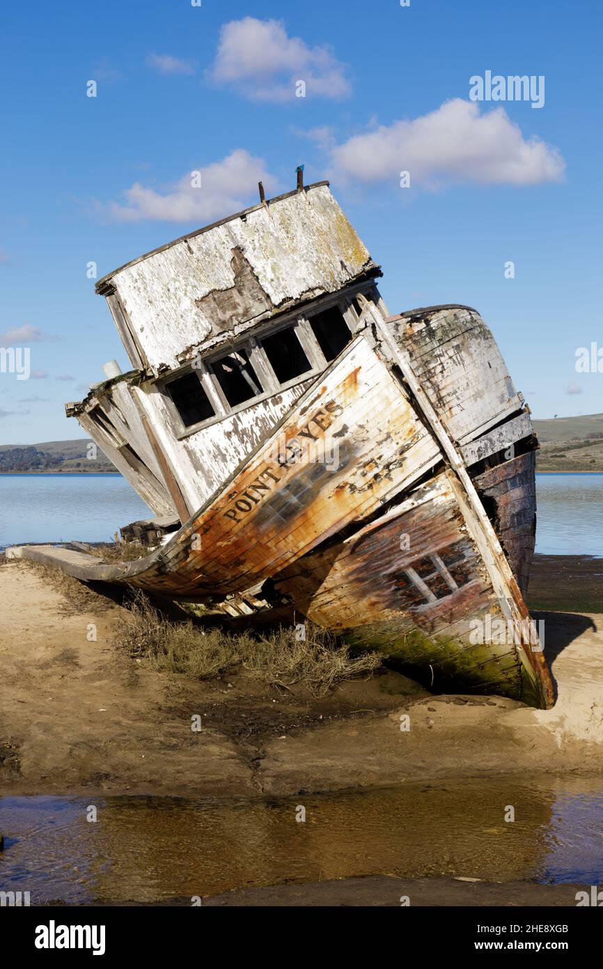 The S.S. Point Reyes is a steamship that crashed on a sand bar in Tomales Bay over a 100 years ago. Inverness, Point Reyes National Seashore, Marin Co Stock Photo