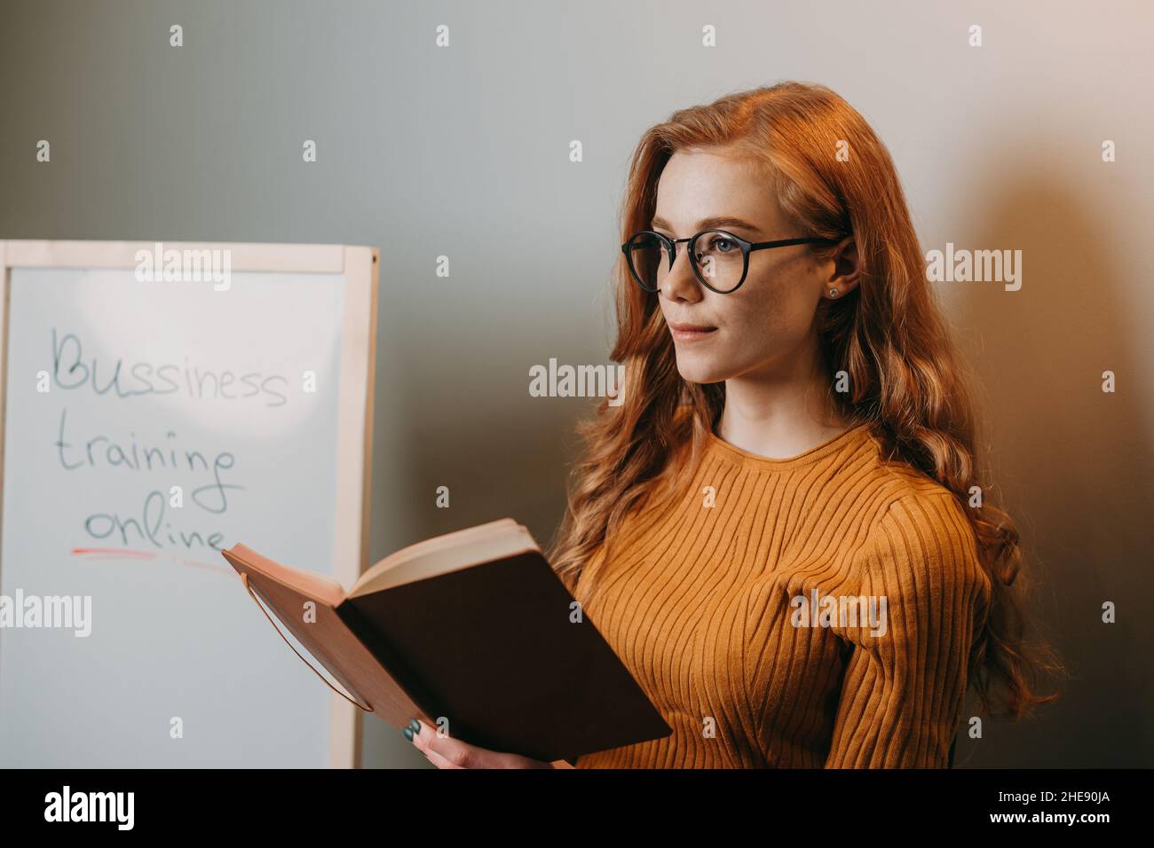 Red haired teacher is standing and holding a lesson book in front of the class. Freckled woman portrait. Stock Photo