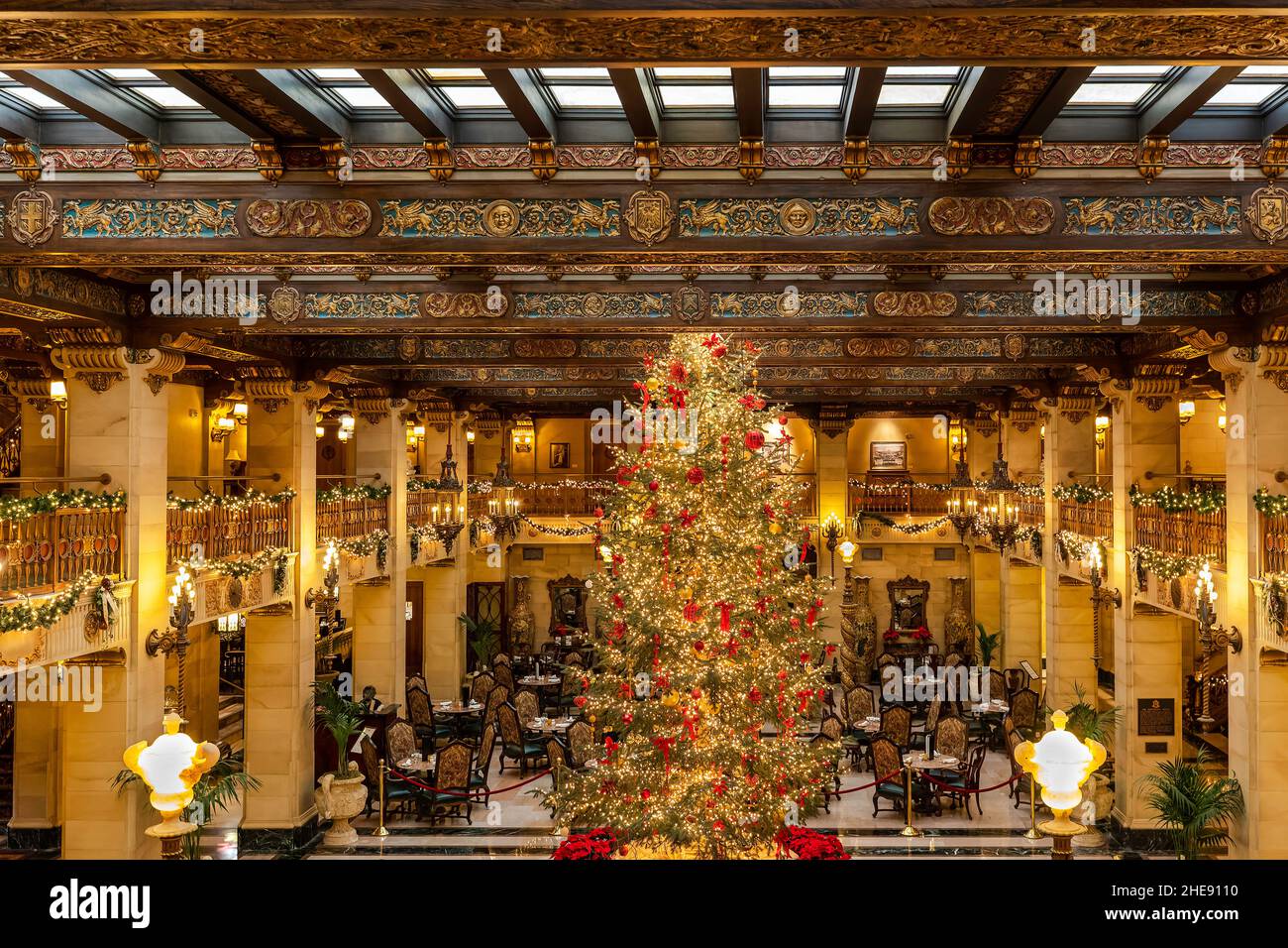 The Lobby of the Historic Davenport Hotel Decorated for Christmas. Stock Photo