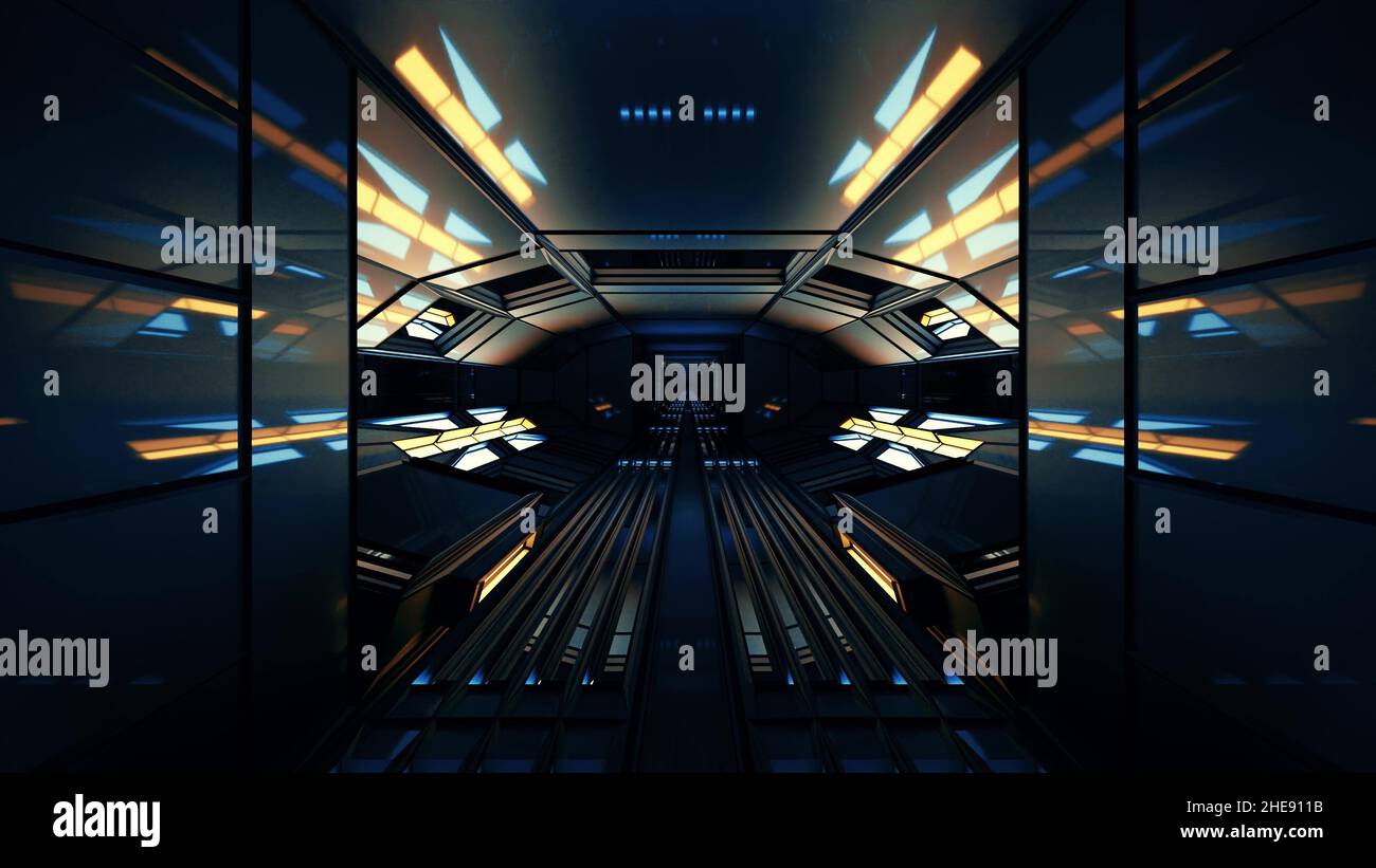 3D rendering of a futuristic sci-fi corridor illuminated with blue and ...