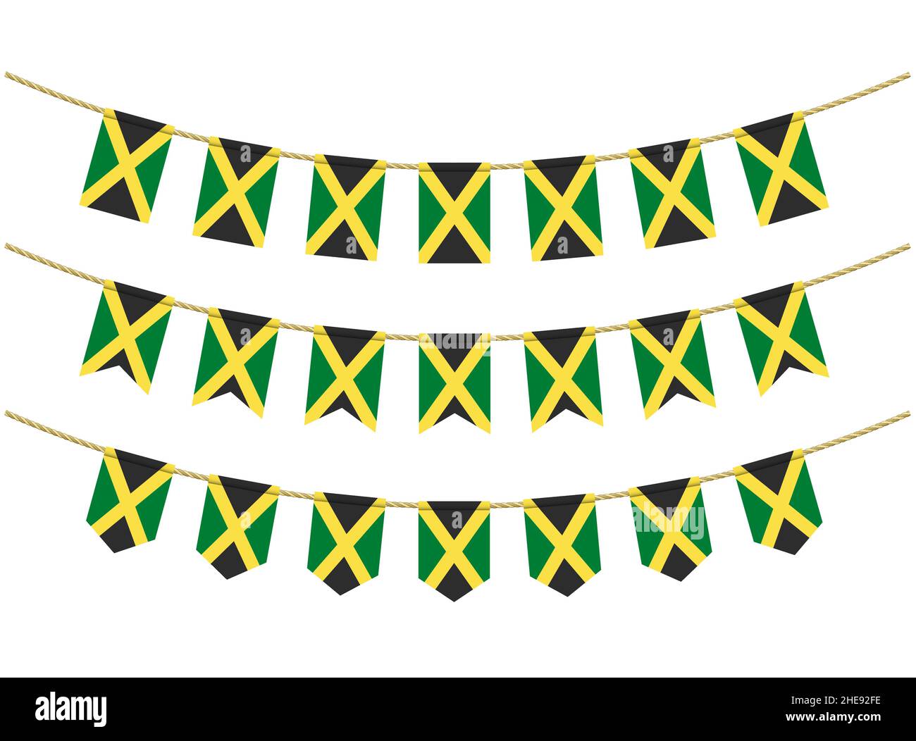 Jamaica flag on the ropes on white background. Set of Patriotic bunting