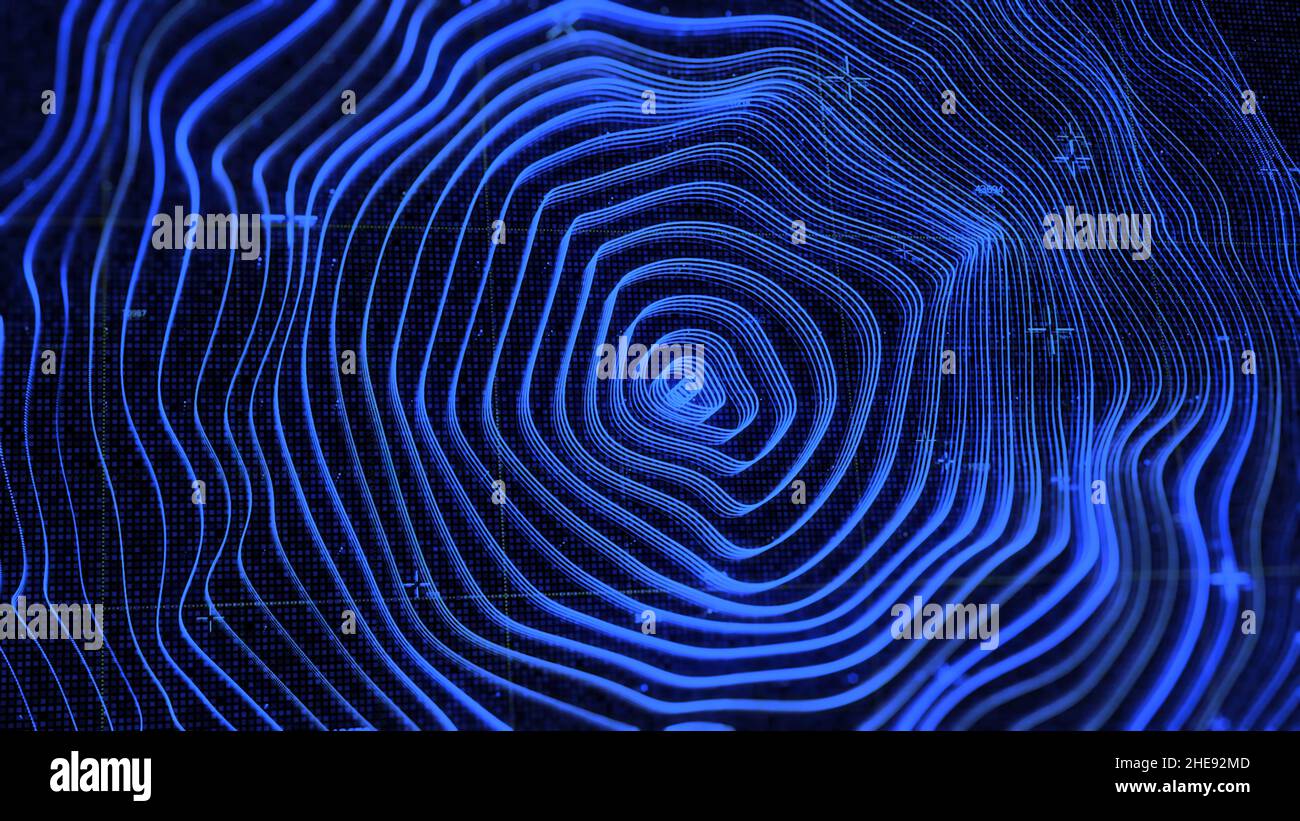Abstract waving texture of glowing blue rings on black background ...