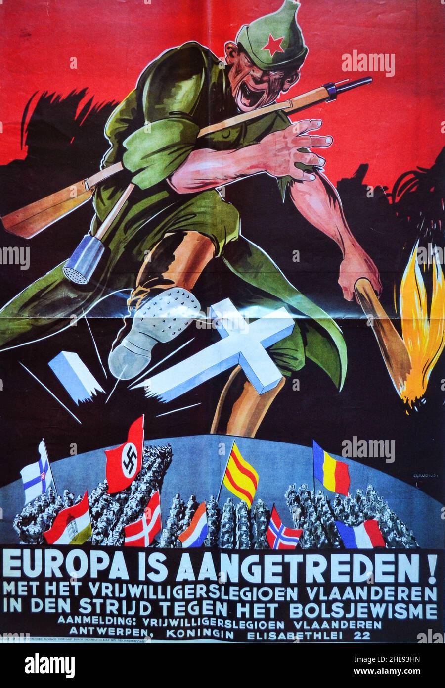 A Dutch nazi SS recruitment poster showing a Red Army soldier striding across united Europen armies with the caption 'Europe is underfoot' Stock Photo
