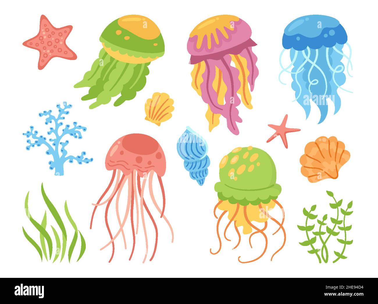 Jellyfish cartoon hand drawn set. Ocean marine undersea jelly medusa
