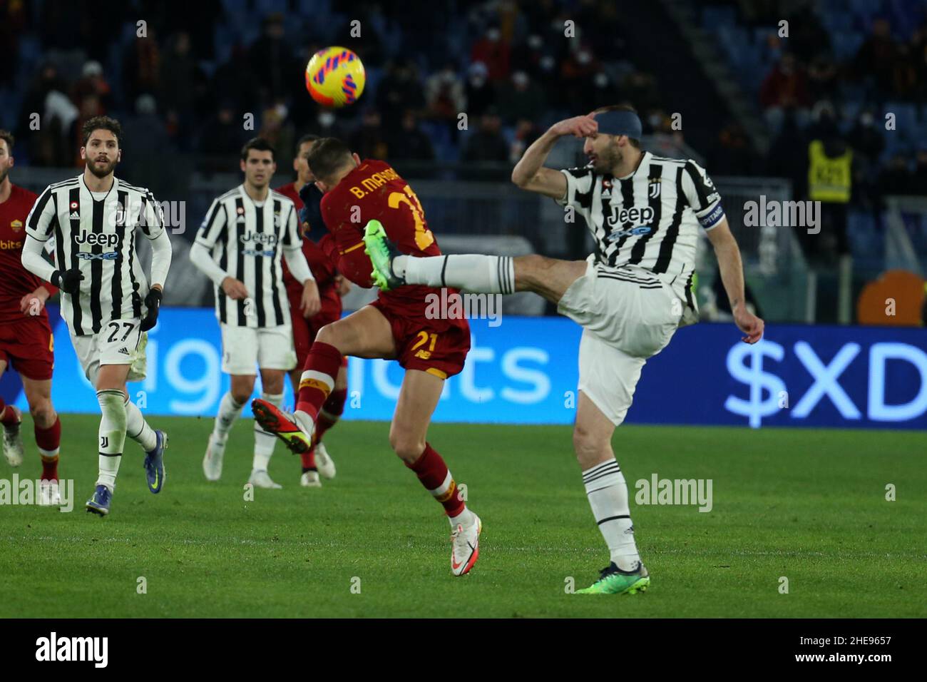 Rome, Italy. 9th Jan, 2022. Giorgio Chiellini (Juventus) kicks during the  Serie A match between AS Roma and Juventus FC at Stadio Olimpico. Juventus  wins 4-3. (Credit Image: © Giuseppe Fama/Pacific Press