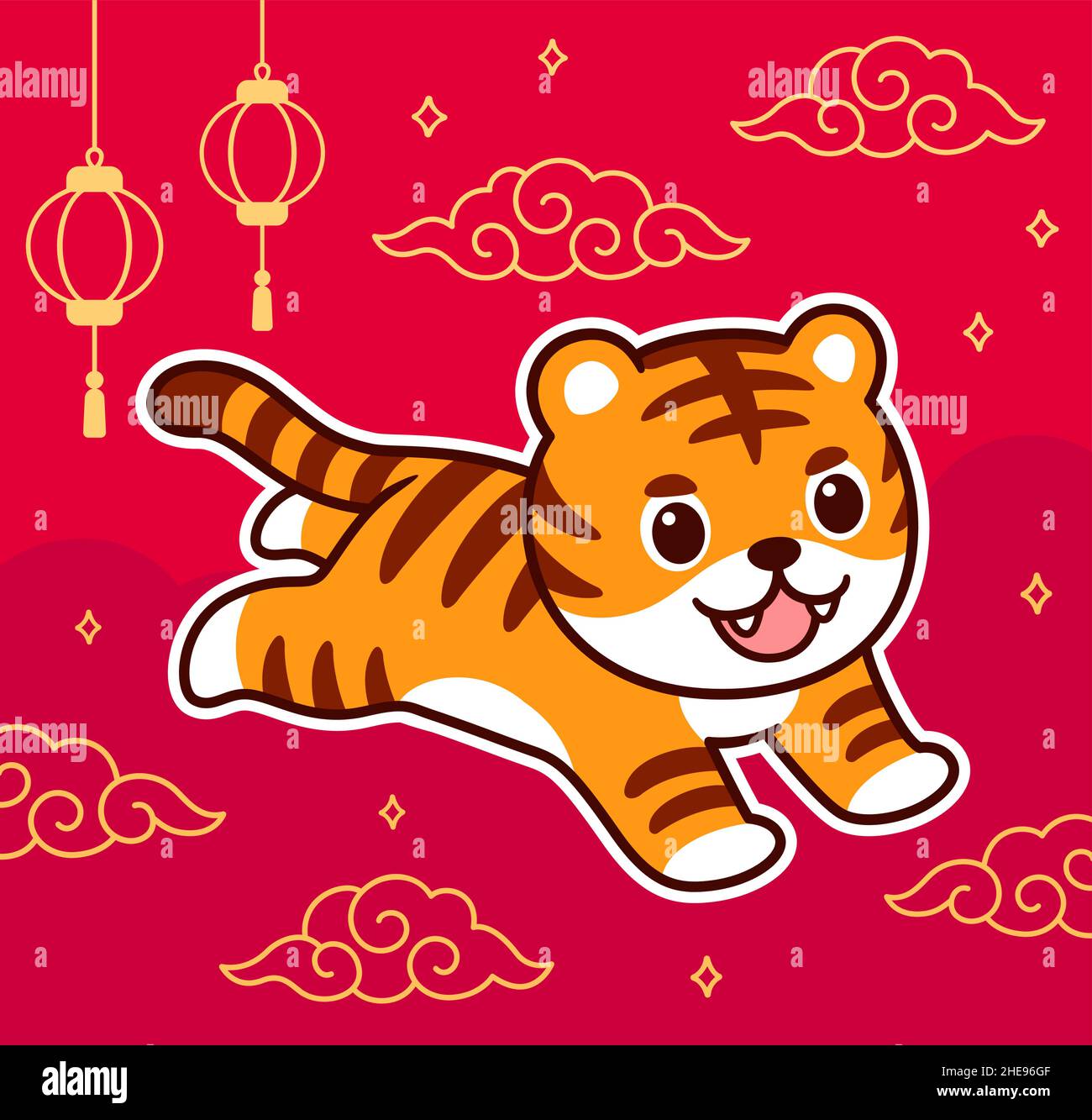 Cute cartoon Chinese New Year tiger drawing. Red background with clouds and Chinese lanterns. Vector clip art illustration. Stock Vector