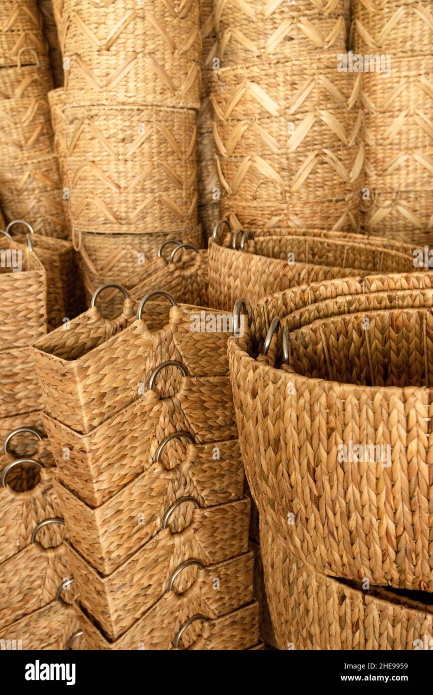 Handicraft pots and baskets made from natural materials hyacinth plants Stock Photo