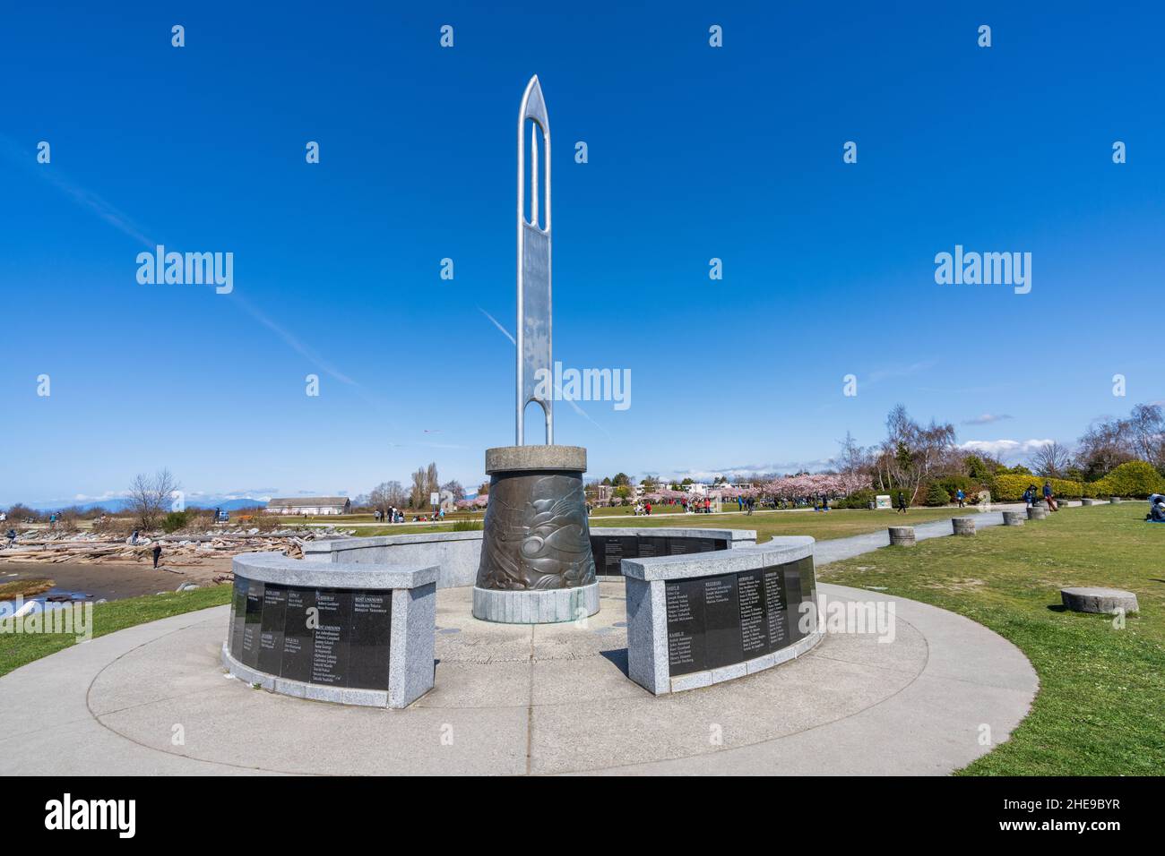 Steveston Fishermans Memorial in Garry Point Park in springtime. Stock Photo