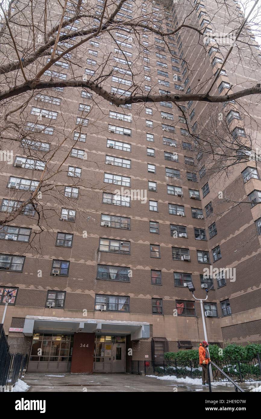 View of the NYCHA building managed by Cornell Pace Inc where Melanie Aucello is fighting for tenants rights at 344 East 28th street in New York on January 9, 2022. Melanie Aucello, who is Tenants Association President is complaining that after building was transferred to Cornell Pace Inc for management under former mayor de Blasio program Rental Assistance Demonstration/Permanent Affordability Commitment Together (RAD/PACT) from NYCHA most vulnerable tenants especially during pandemic were left neglected and building is in disrepair. She also demanded that tinants were given free masks and rep Stock Photo