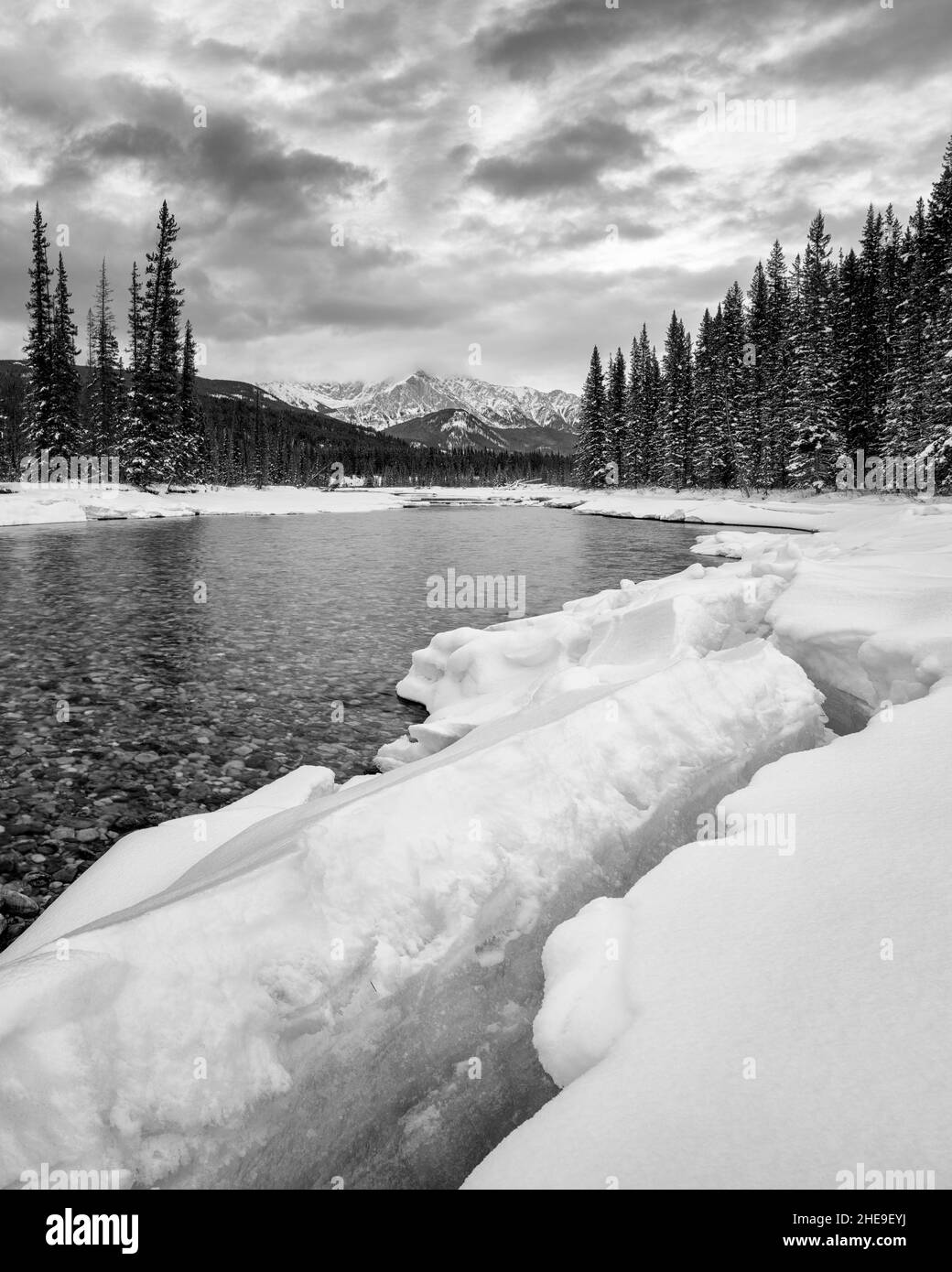 Canada, Alberta, Banff National Park, The Bow River near Castle Junction (bw) Stock Photo