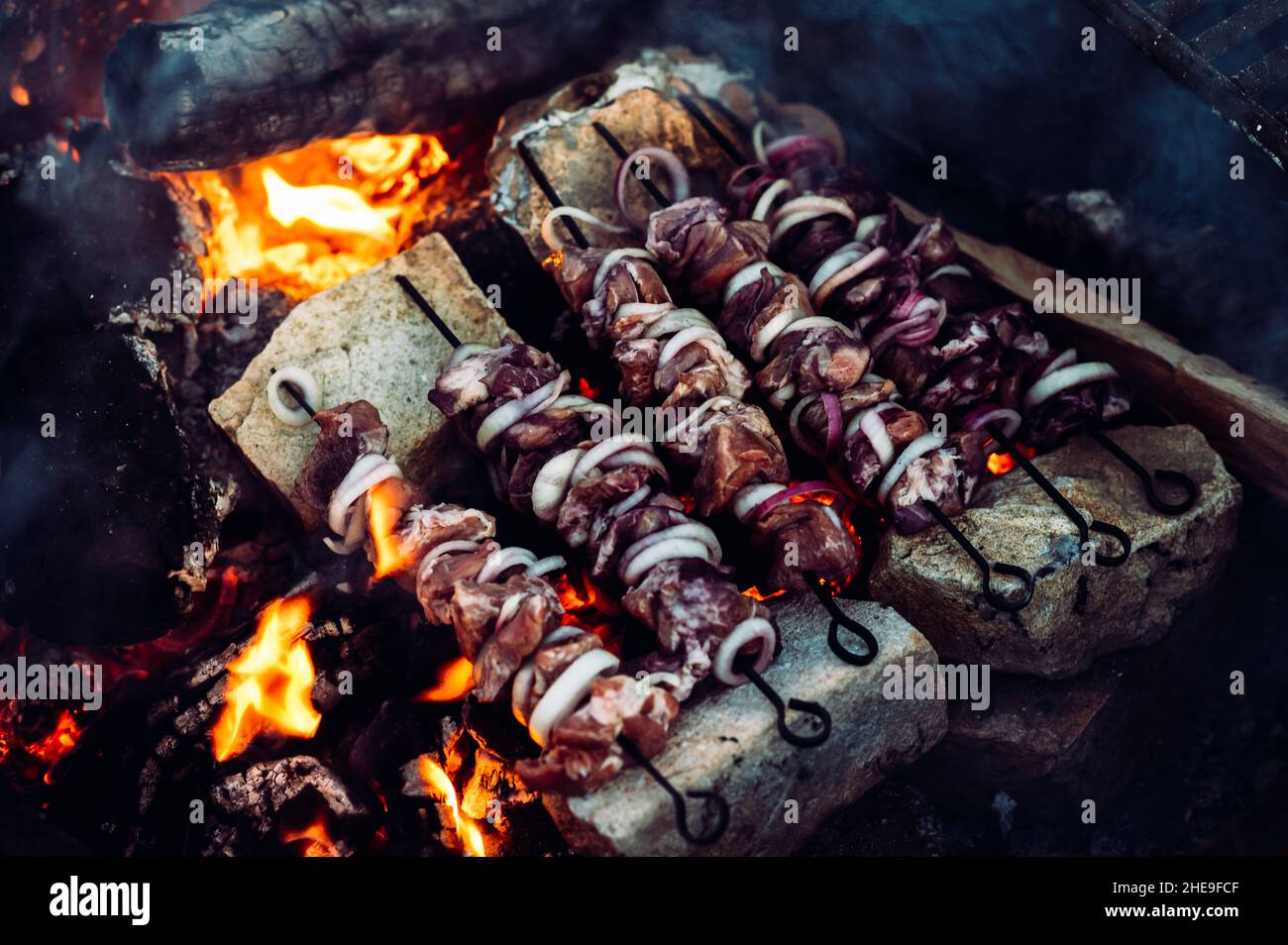 Barbecue prepared over the fire on charcoals Stock Photo