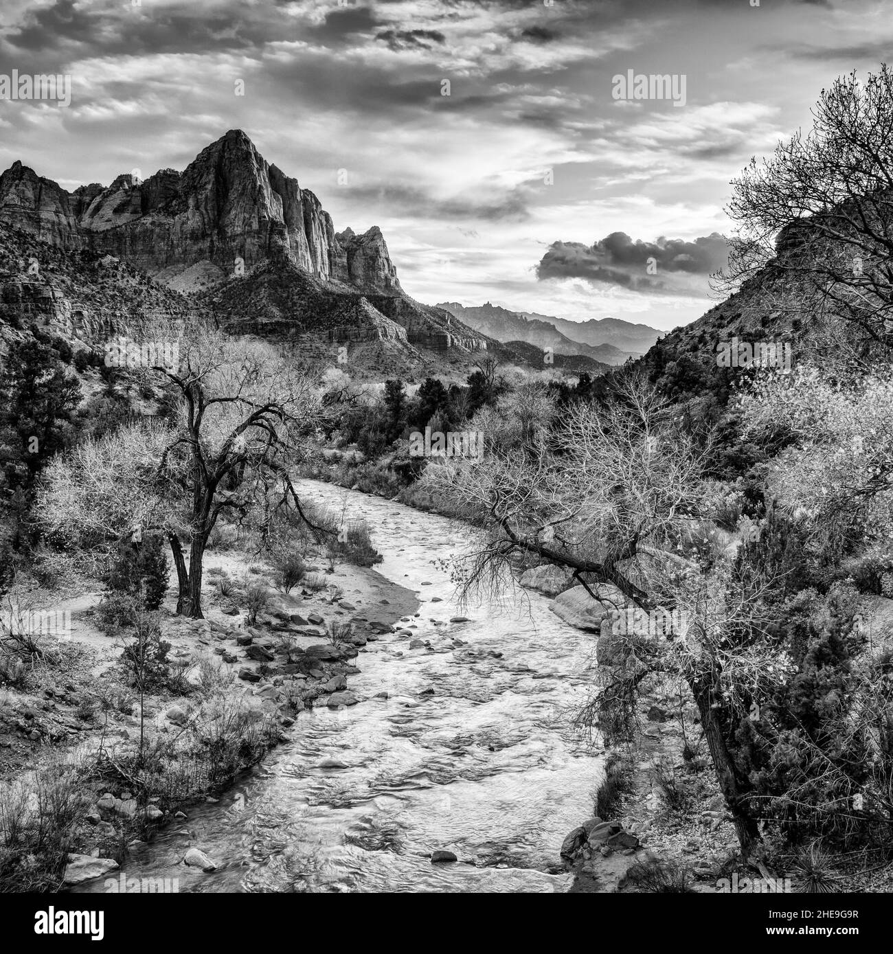 USA, Utah, Zion National Park, Sunset lights up The Watchman and the Virgin River (bw) Stock Photo