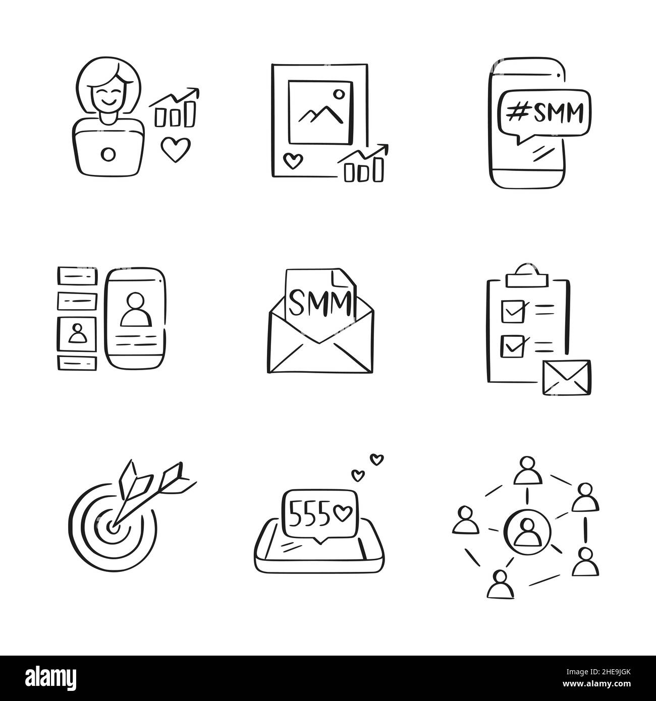SMM social media marketing and content management related icons. Hand-drawn sketch  icons Stock Vector Image & Art - Alamy