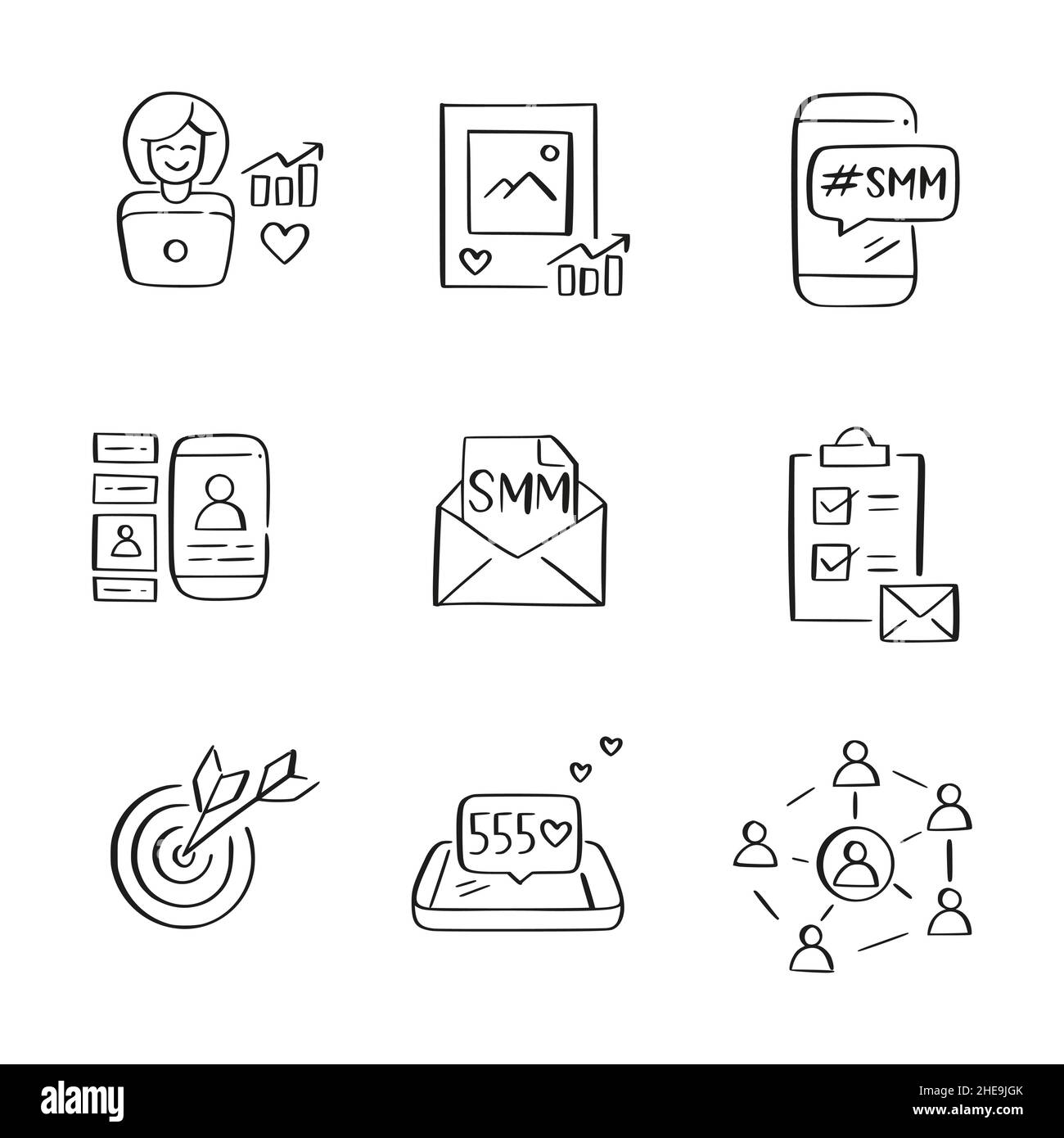 SMM social media marketing and content management related icons. Hand