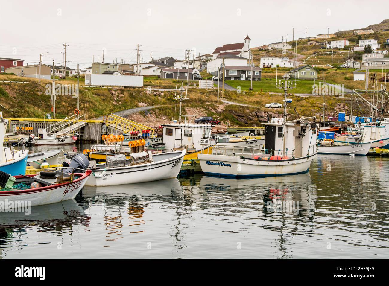 Fishing boats in harbour, Bay de Verde, Conception Bay, Newfoundland, Canada. Stock Photo