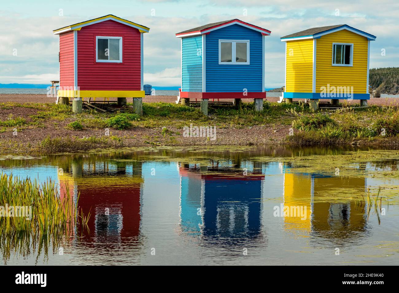 Colourful beach huts, Cavendish, Newfoundland, Canada.. Stock Photo