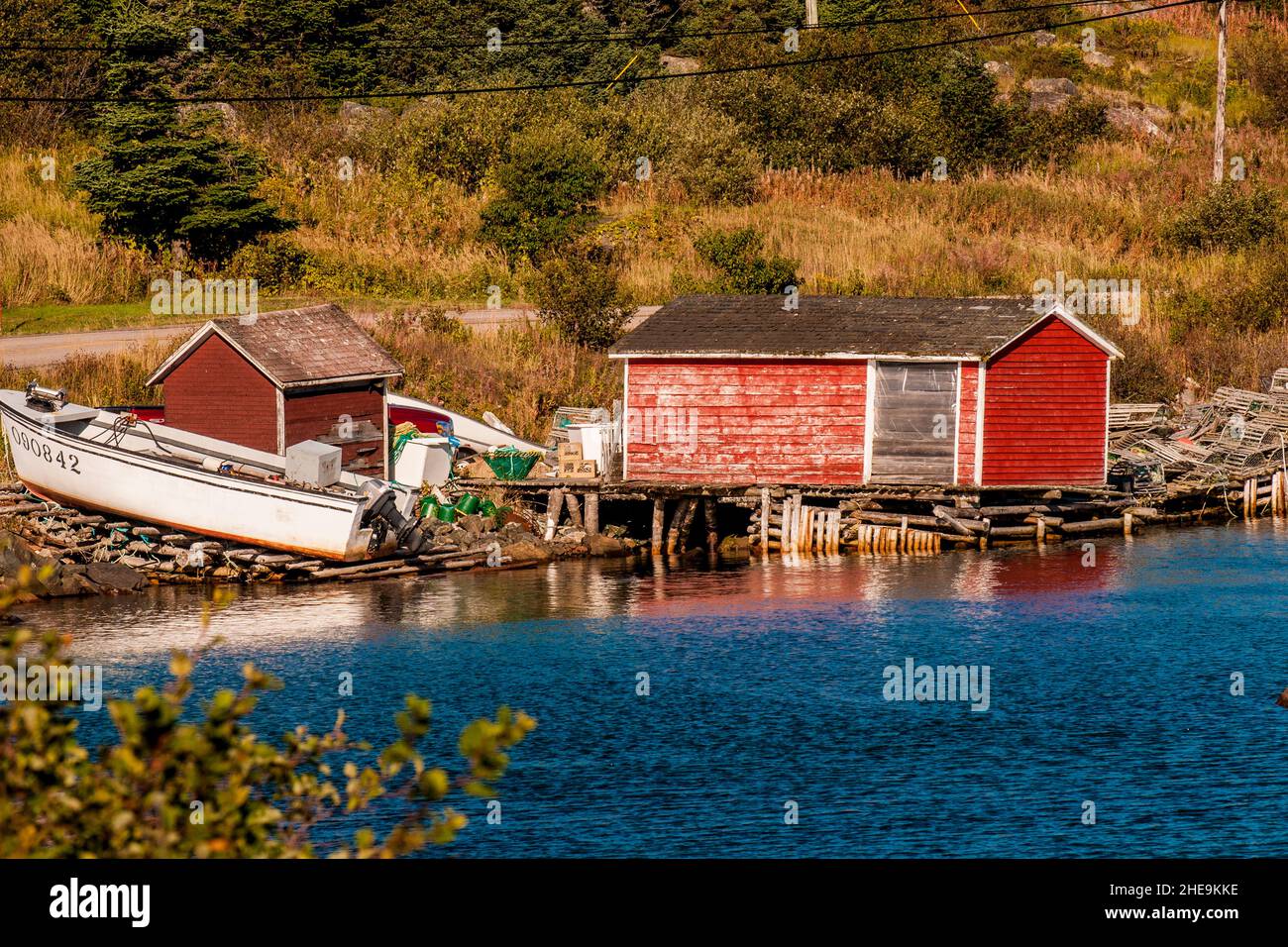 Fishing boats in Stag Harbour, Fogo Island, Newfoundland, Canada. Stock Photo