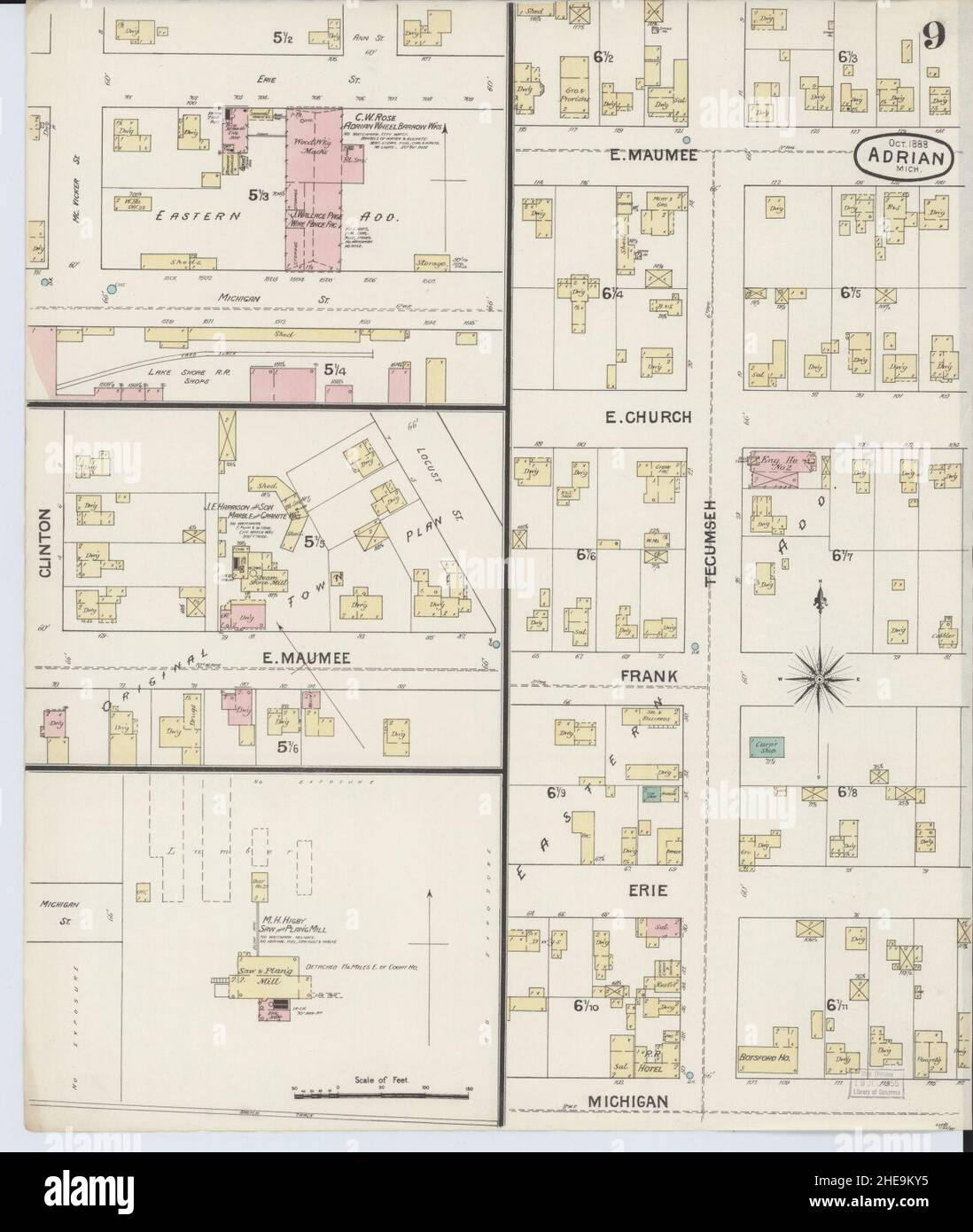 Sanborn Fire Insurance Map from Adrian, Lenawee County, Michigan. Stock Photo