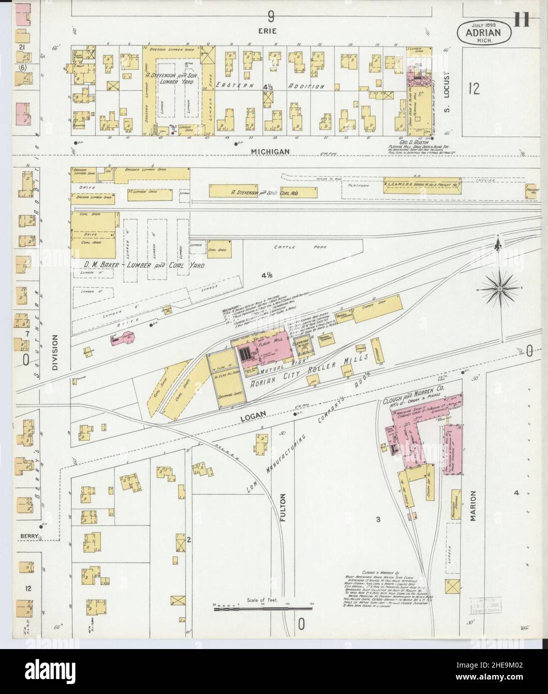 Sanborn Fire Insurance Map from Adrian, Lenawee County, Michigan. Stock Photo