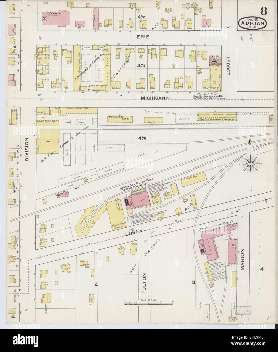 Sanborn Fire Insurance Map from Adrian, Lenawee County, Michigan. Stock Photo