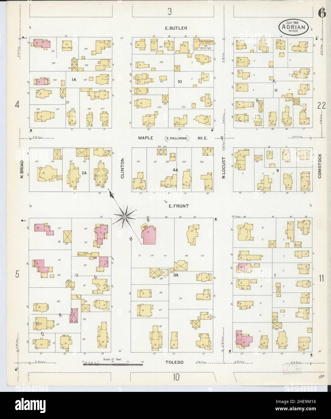 Sanborn Fire Insurance Map from Adrian, Lenawee County, Michigan. Stock Photo