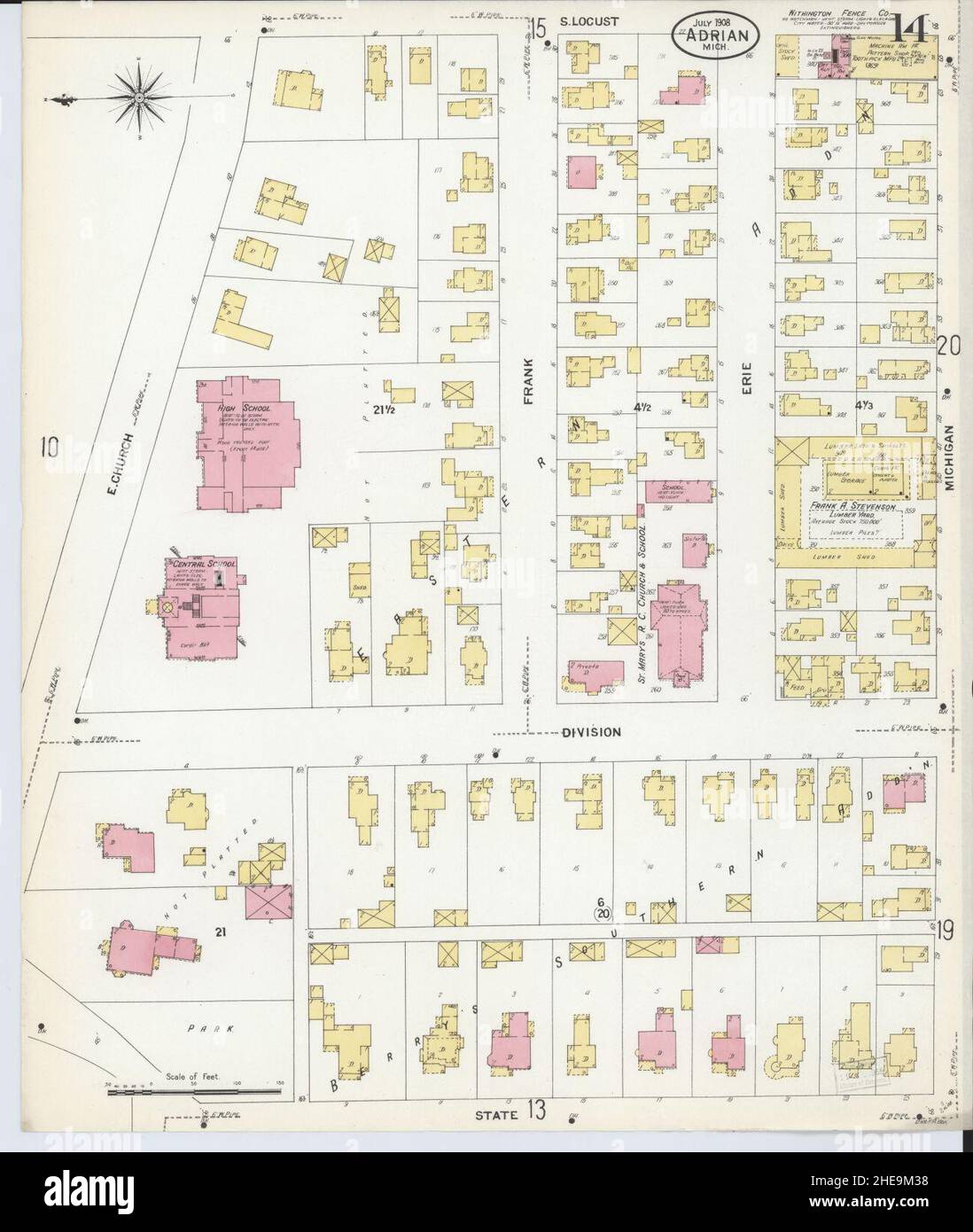 Sanborn Fire Insurance Map from Adrian, Lenawee County, Michigan. Stock Photo