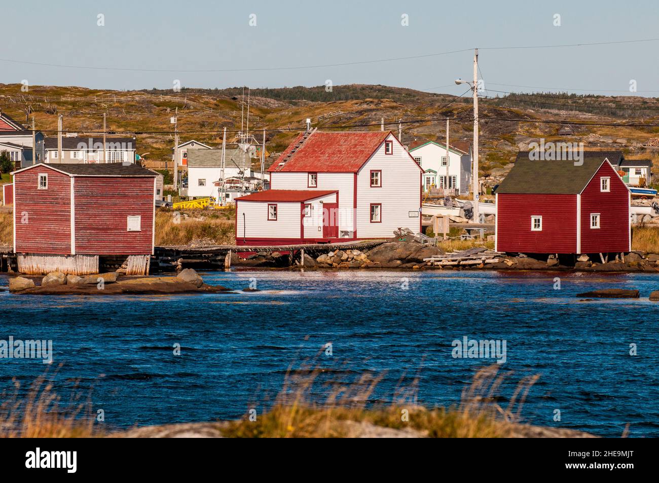 Boathouses in Joe Batt's Arm, Fogo Island, Newfoundland, Canada. Stock Photo