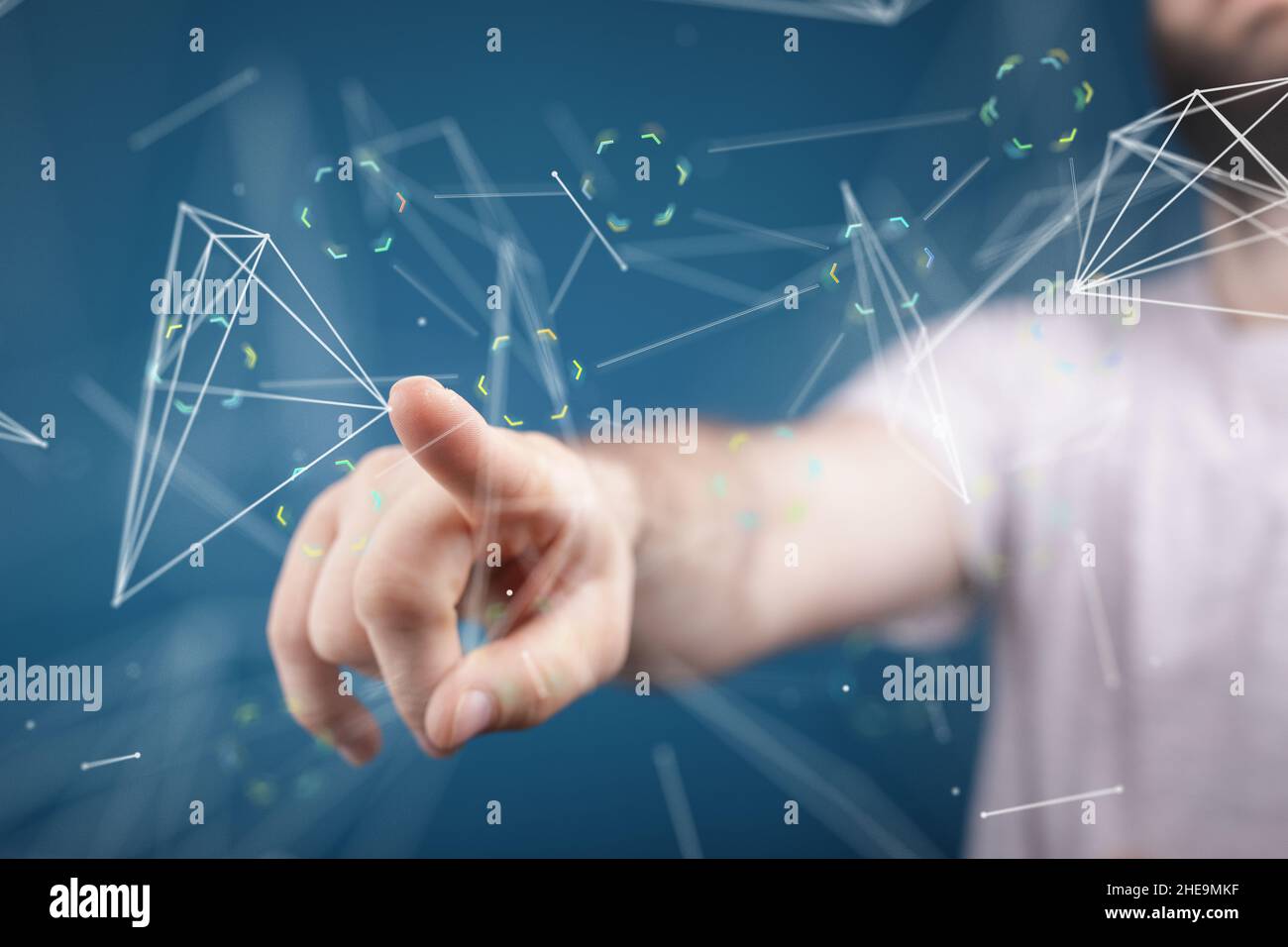 Shallow focus of a human hand painting on air screen, digital network and data concept Stock Photo
