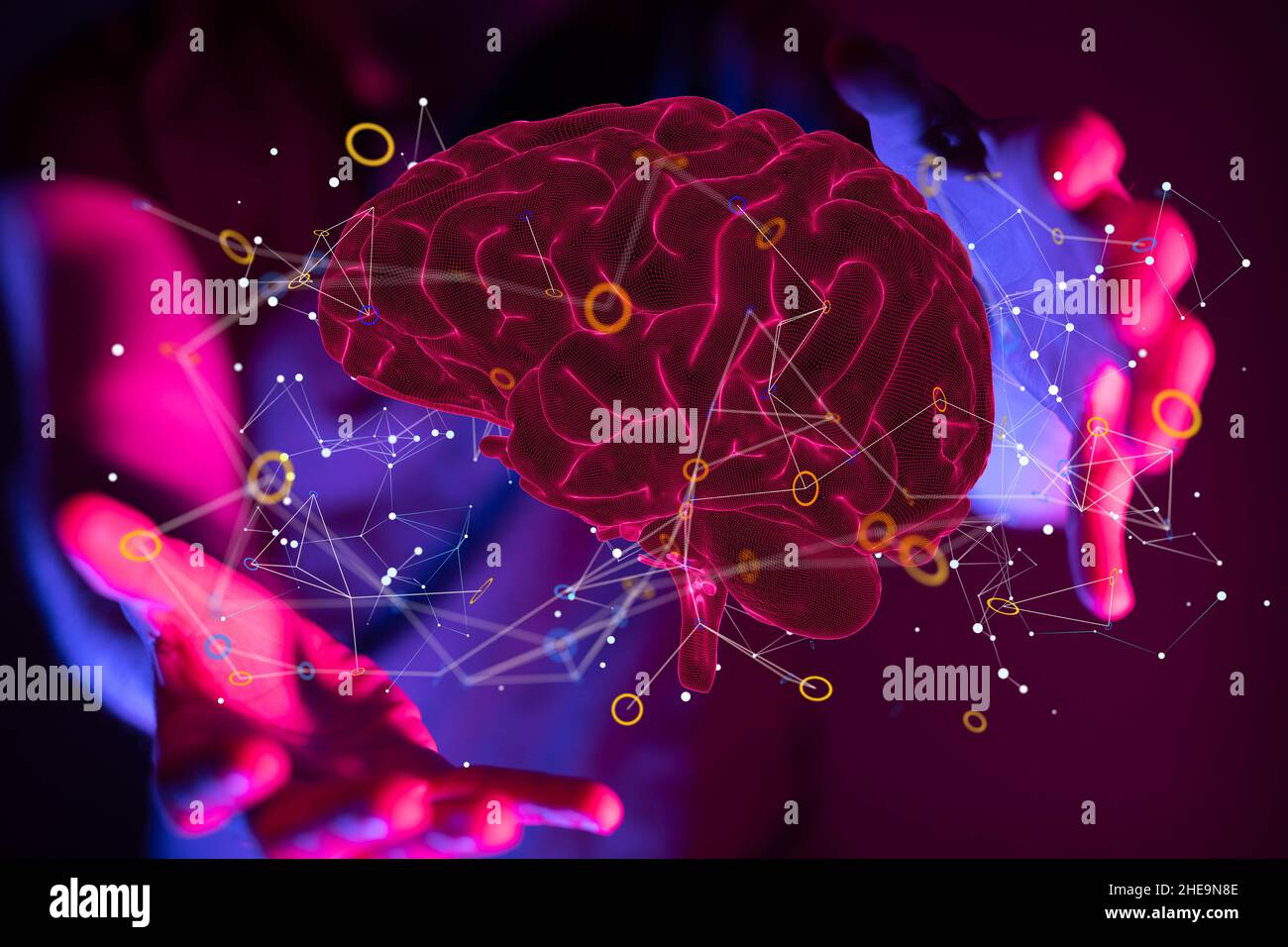 Shallow focus of human hands holding a brain icon with interconnected ...