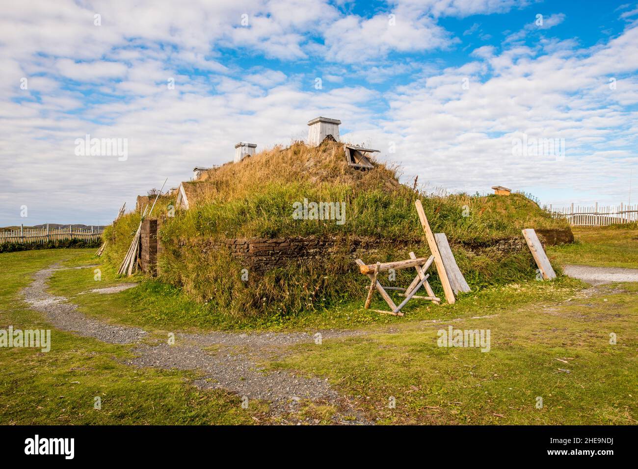 Viking Long House at L'Anse aux Meadows National Historic Site, Great Northern Peninsula, Newfoundland, Canada. Stock Photo