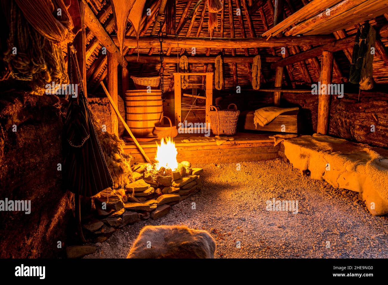 Recreation of a Viking Long House at L'Anse aux Meadows National Historic Site, Great Northern Peninsula, Newfoundland, Canada. Stock Photo