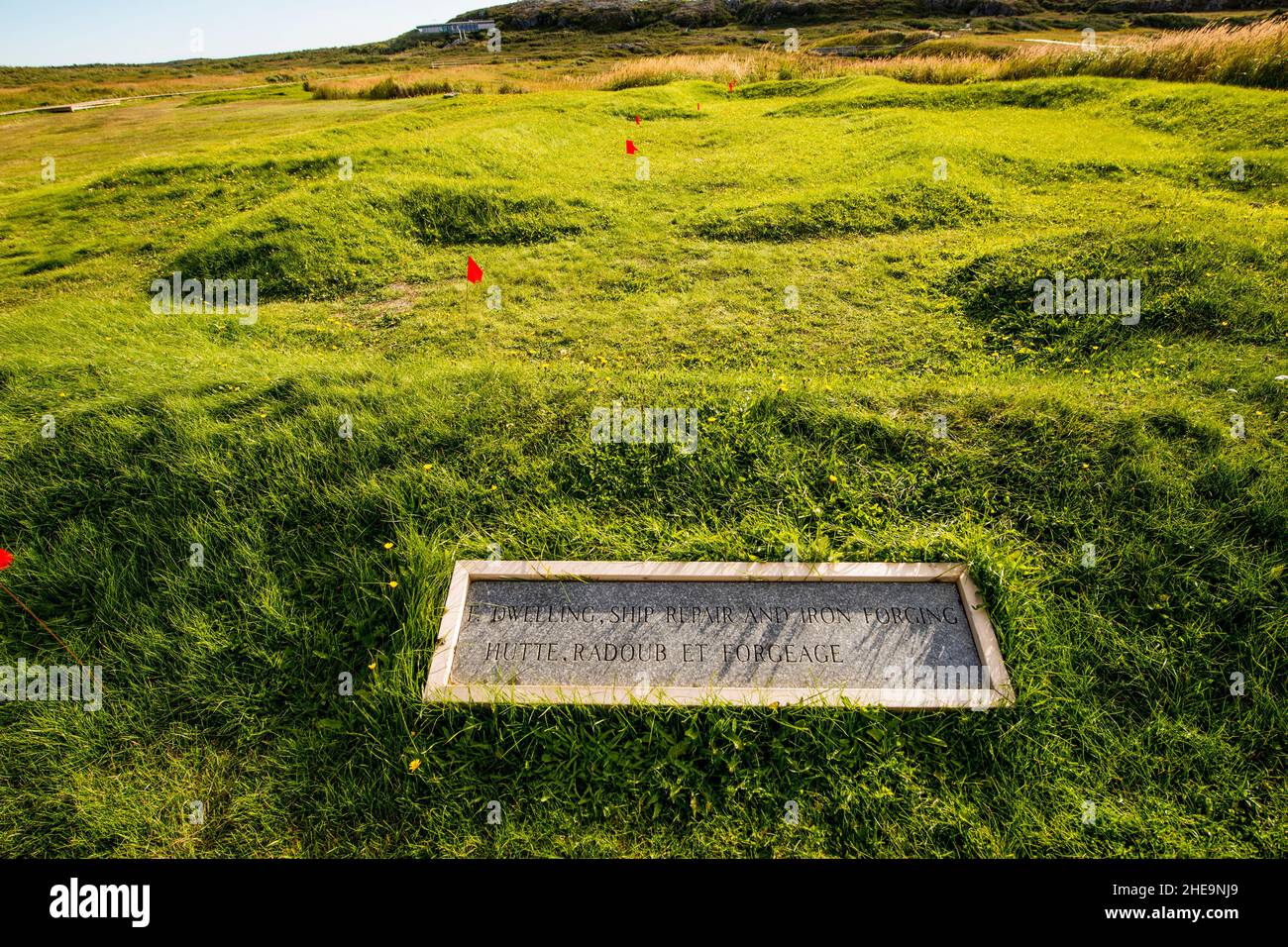 Remains of Viking long house at L'Anse aux Meadows National Historic Site, Great Northern Peninsula, Newfoundland, Canada. Stock Photo