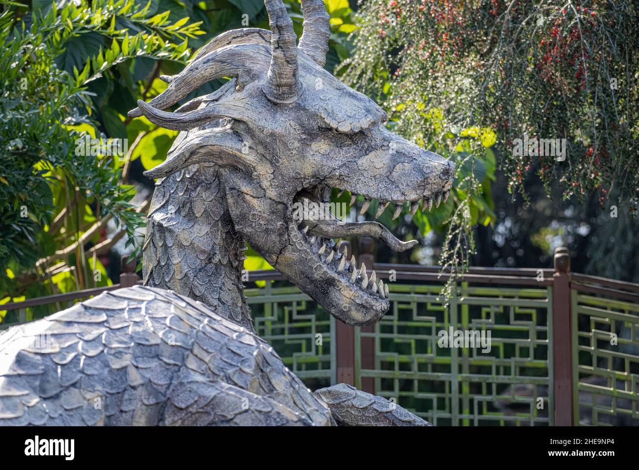 Zoku, a 50 foot long dragon sculpture in the Asian Bamboo Garden at Jacksonville Zoo and Gardens in Jacksonville, Florida. (USA) Stock Photo