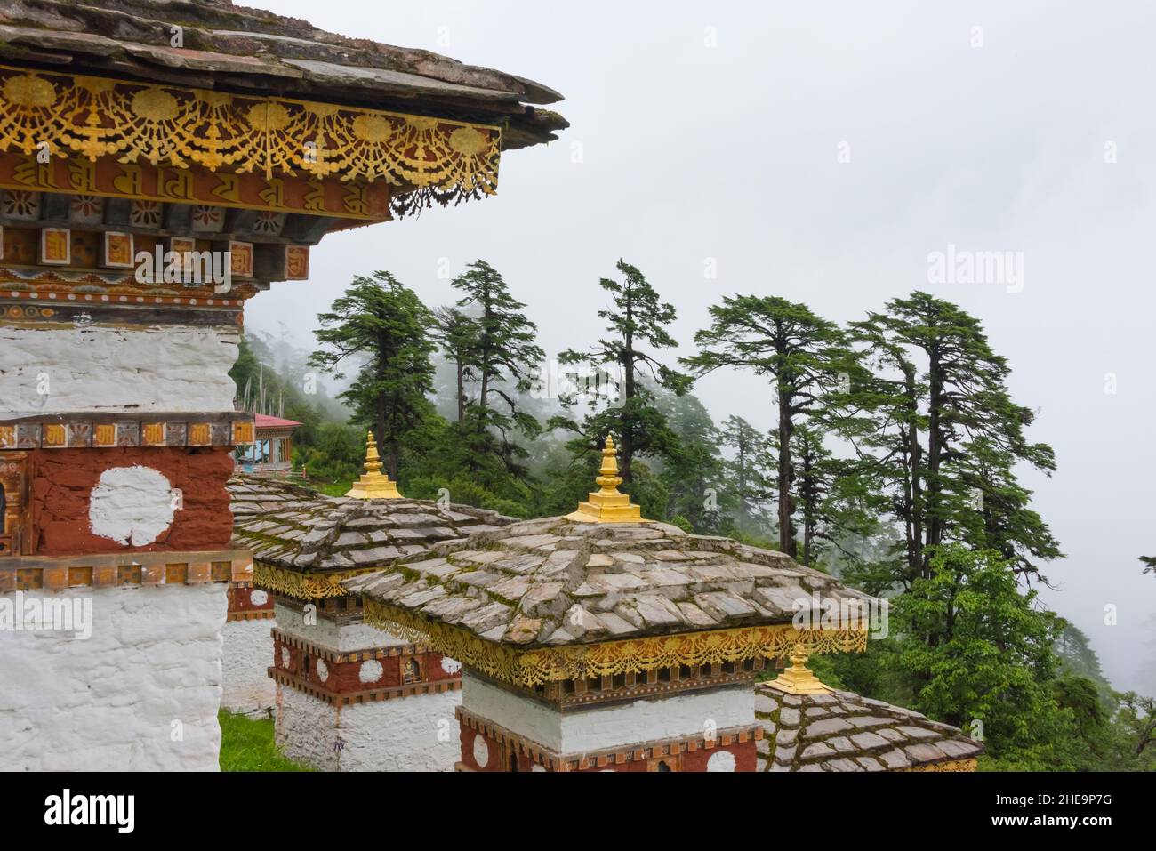 Druk Wangyal Khang Zhang Chortens in Dochula Pass in the Himalayas, Bhutan Stock Photo