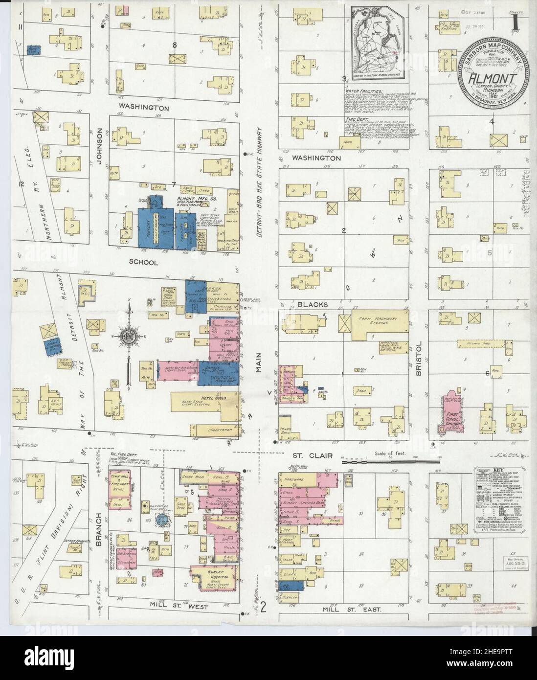 Sanborn Fire Insurance Map from Almont, Lapeer County, Michigan. Stock Photo