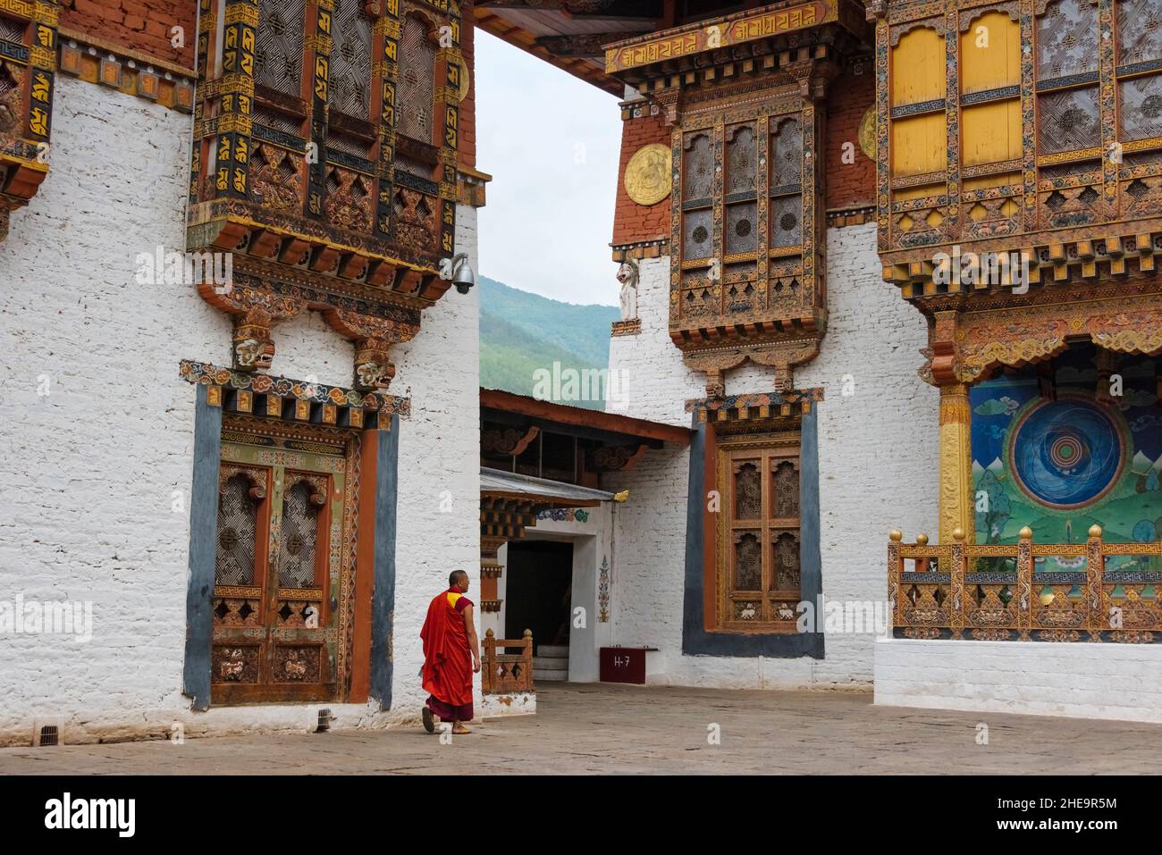 Monk in Punakha Dzong, Punakha, Bhutan Stock Photo