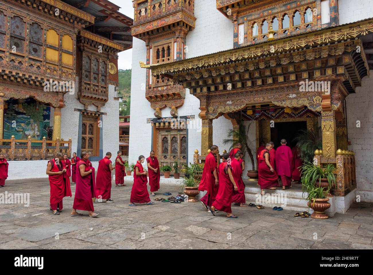 Monks in Punakha Dzong, Punakha, Bhutan Stock Photo