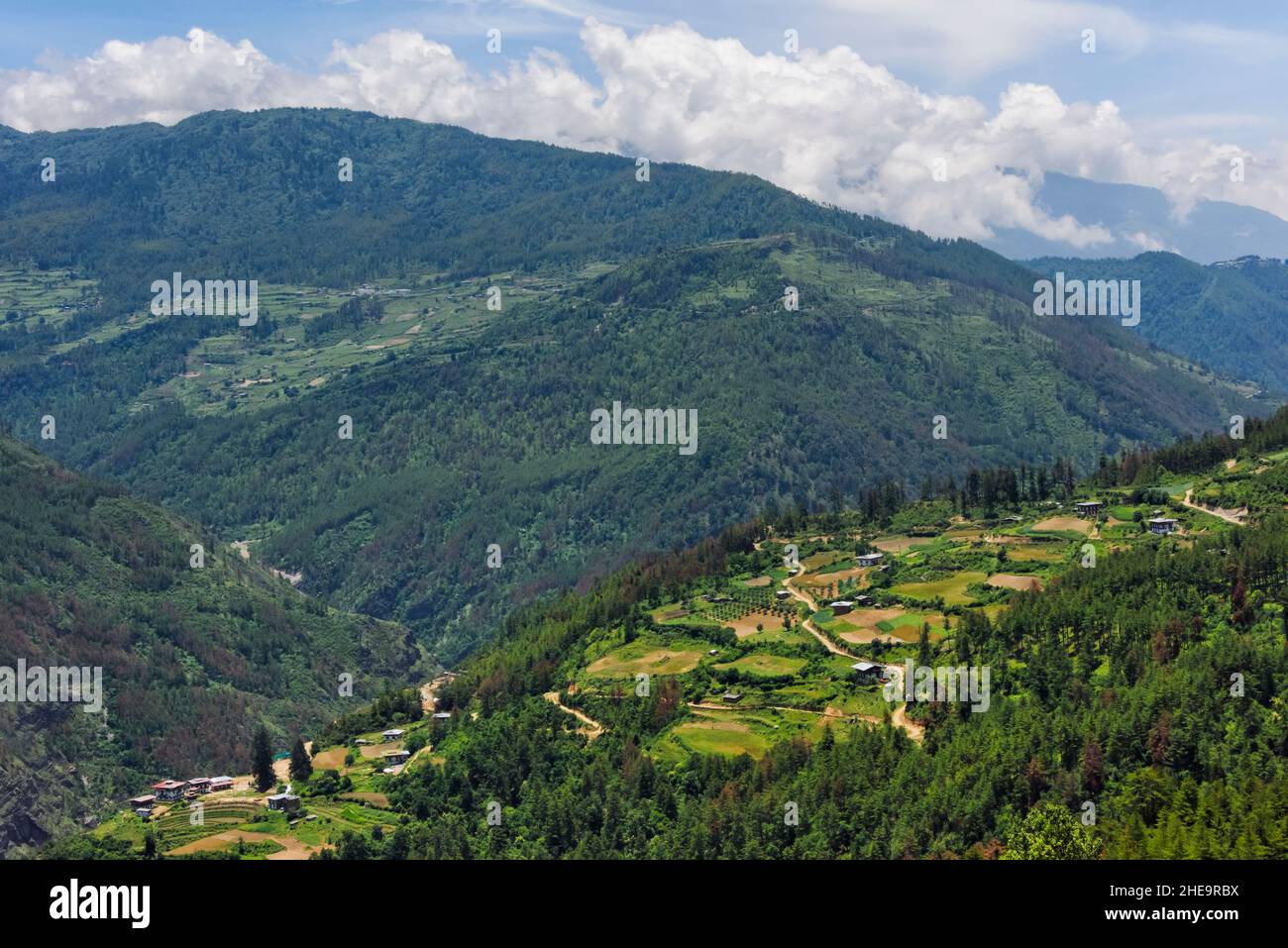 Village and farmland in the Himalayas, Thimphu, Bhutan Stock Photo