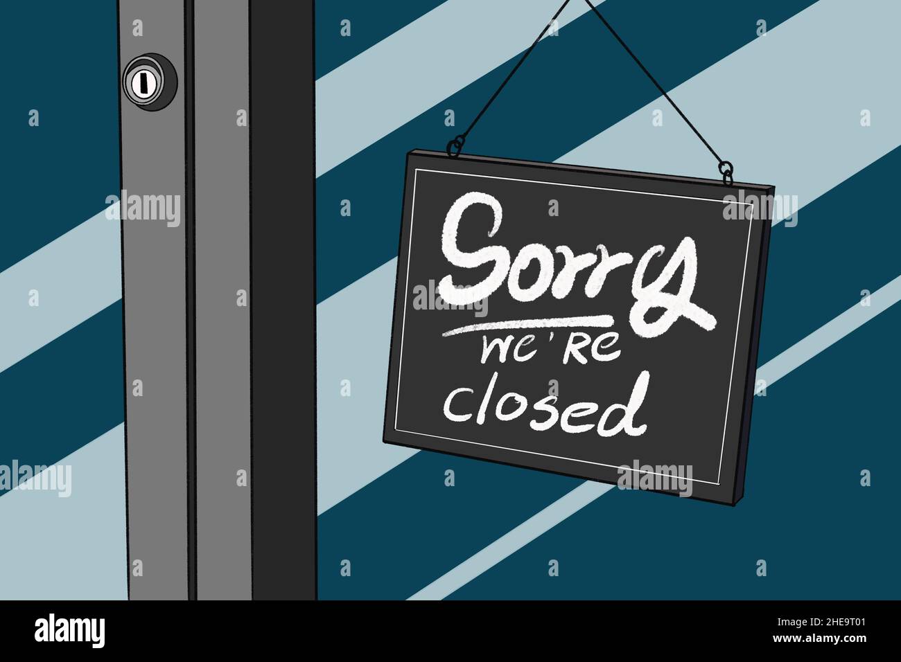 message board 'Sorry we're closed' on the windshield on the shop door Stock Photo