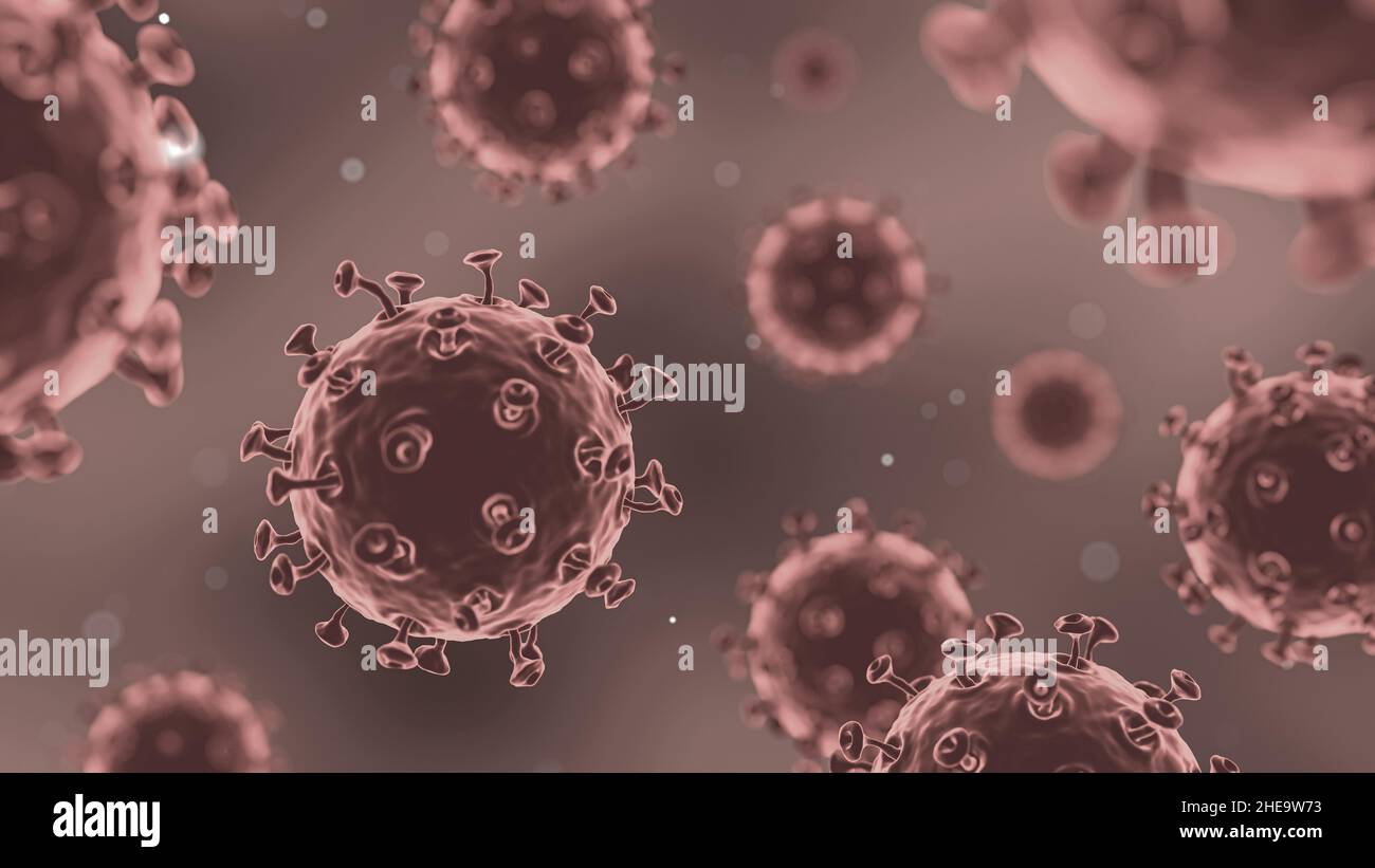 COVID-19 Corona virus with spike glycoprotein are floating on the air . Dark red color background . 3D rendering . Stock Photo