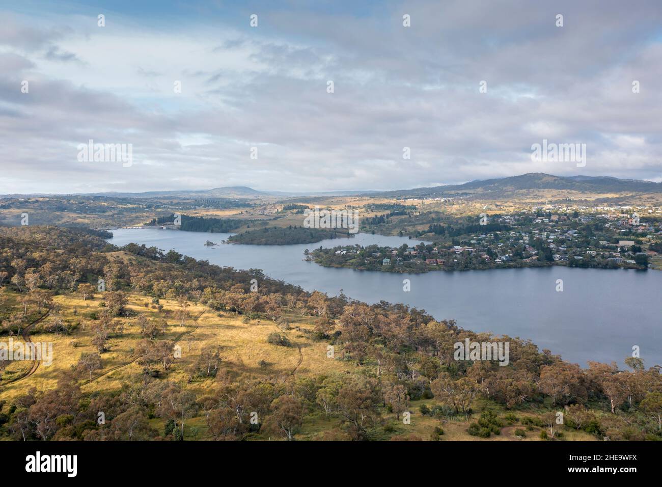 Drone aerial photograph of the town of Jindabyne with Lake Jindabyne in
