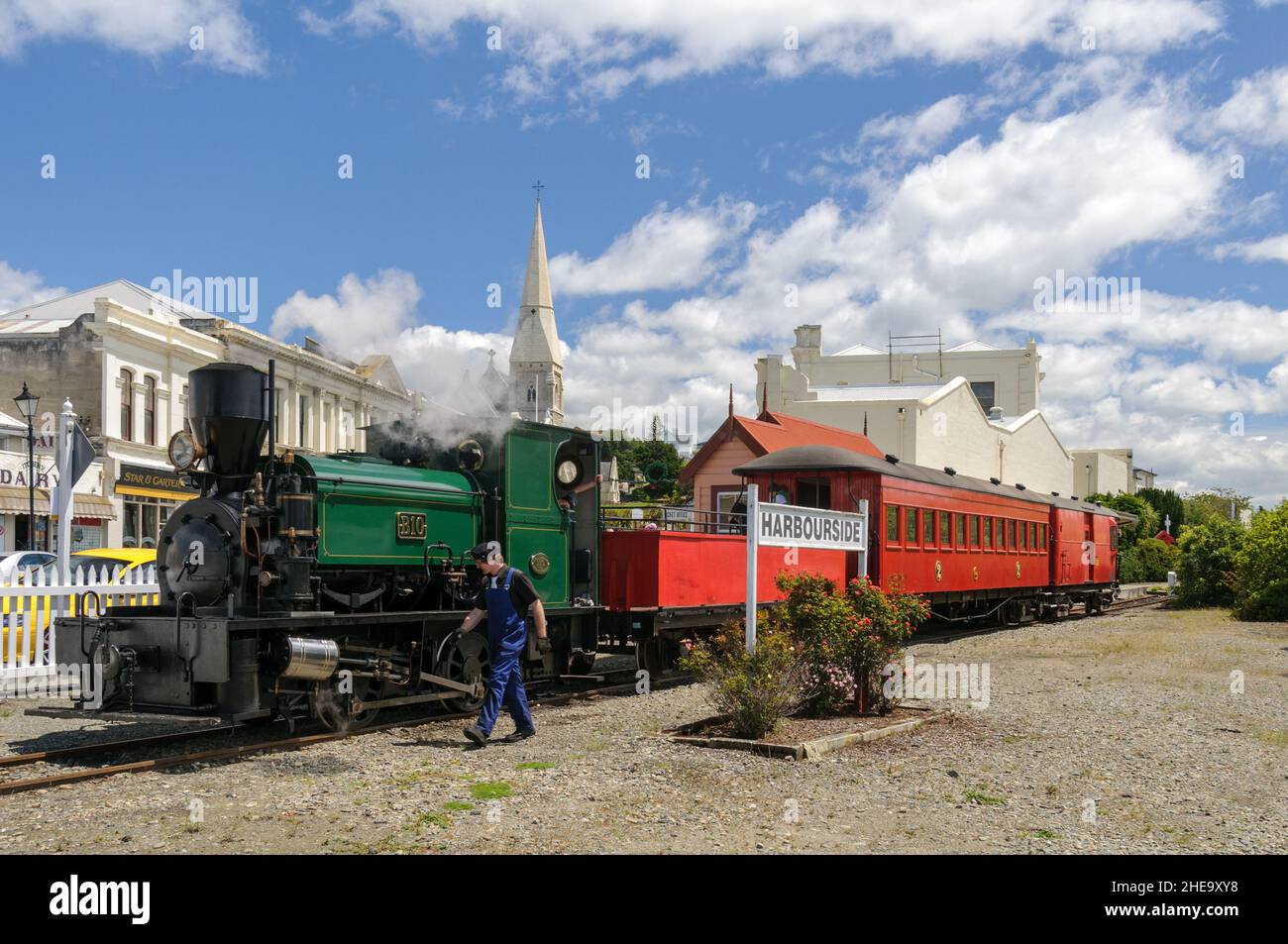 Oamaru Steam and Rail Society B10 locomotive and carriage at the Harbourside Station in the Oamaru Historic Victorian Precinct New Zealand. Stock Photo