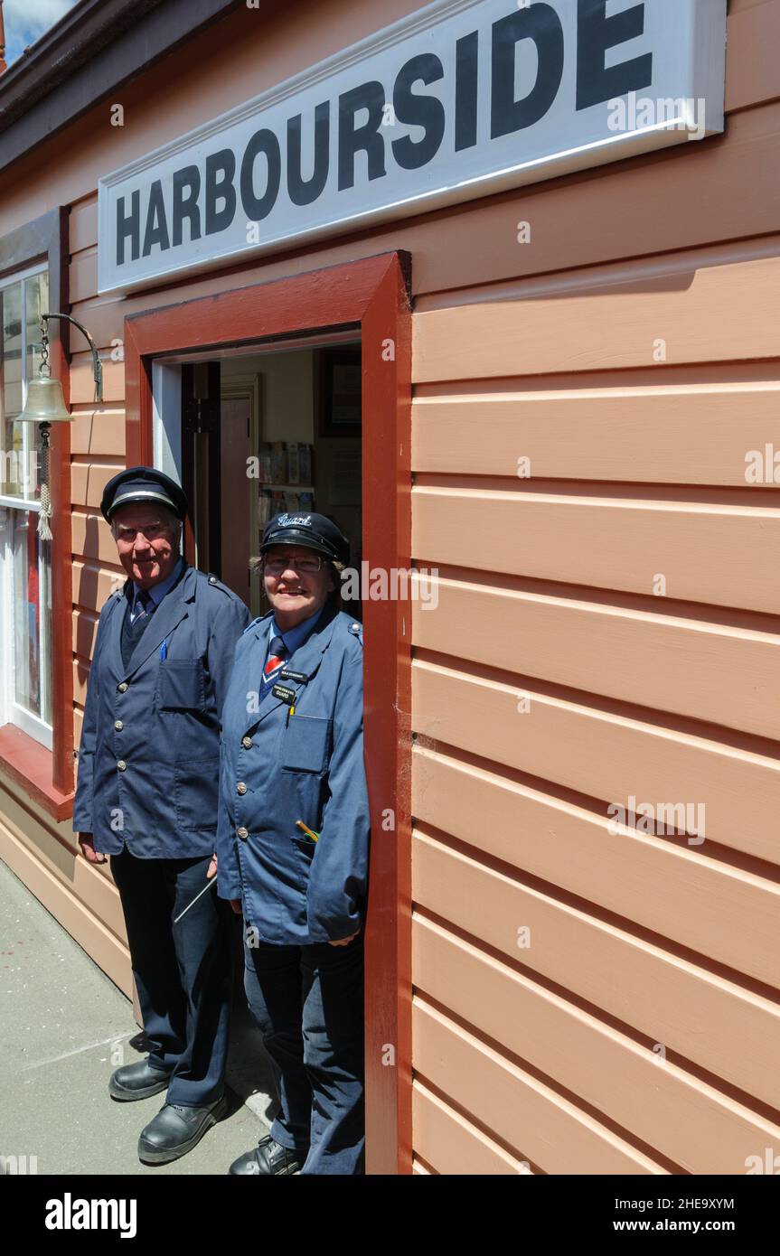 Members of the Oamaru Steam and Rail Scoiety at Harbourside Station in the Oamaru Historic Victorian Precinct New Zealand Stock Photo