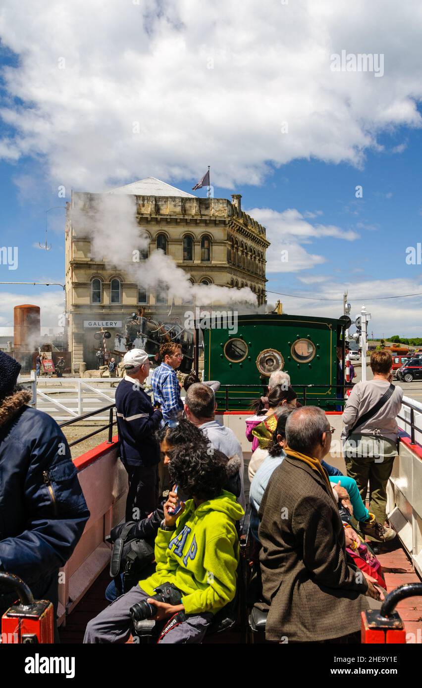 Tourist steam train and Steampunk HQ at the Harbourside Station in the Oamaru Historic Victorian Precinct New Zealand Stock Photo