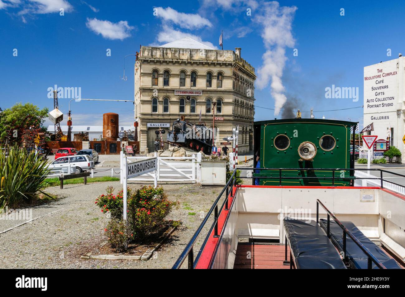 Tourist steam train and Steampunk HQ at the Oamaru Historic Victorian Precinct New Zealand Stock Photo