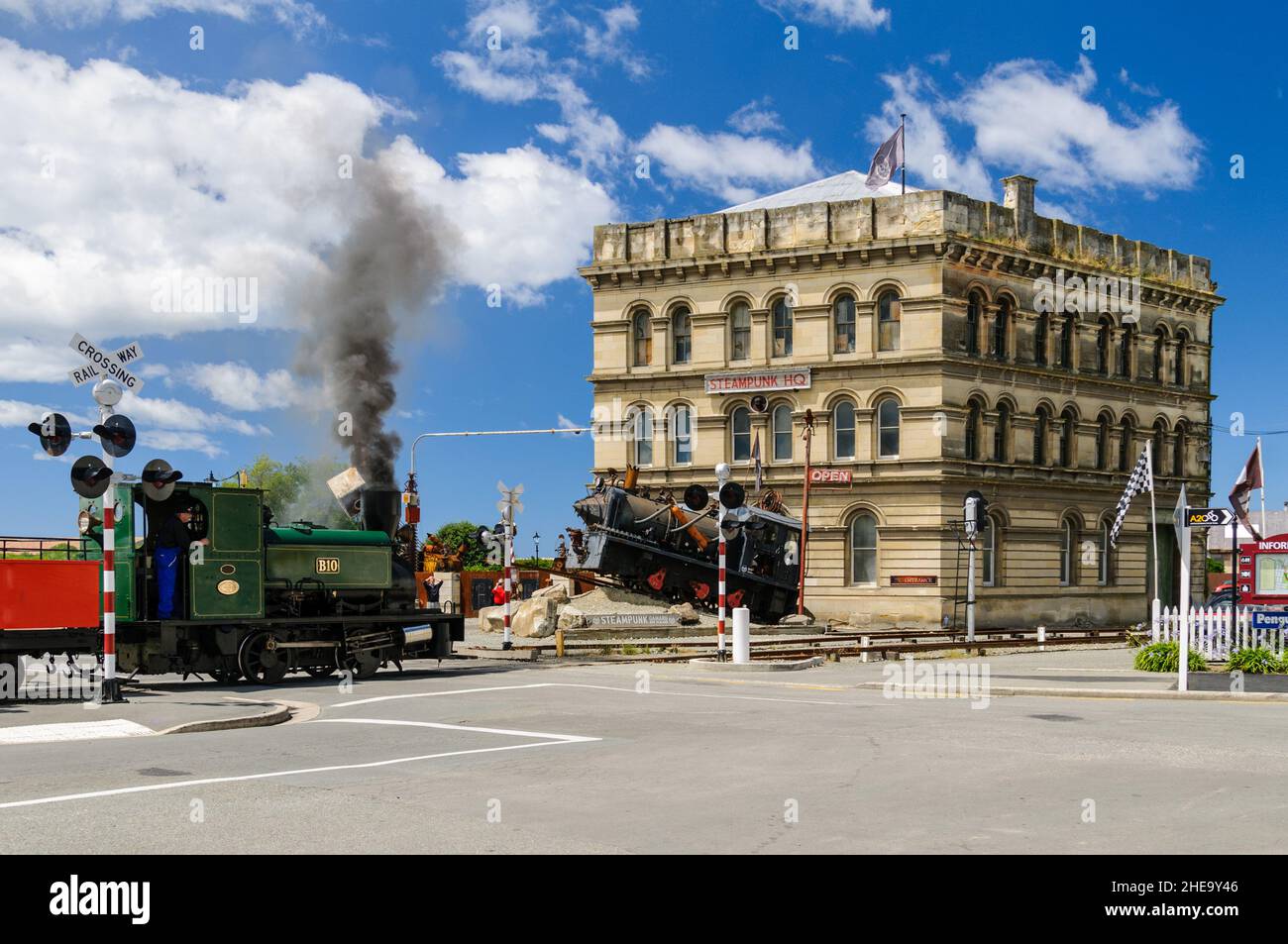Tourist steam train and Steampunk HQ at Oamaru New Zealand Stock Photo